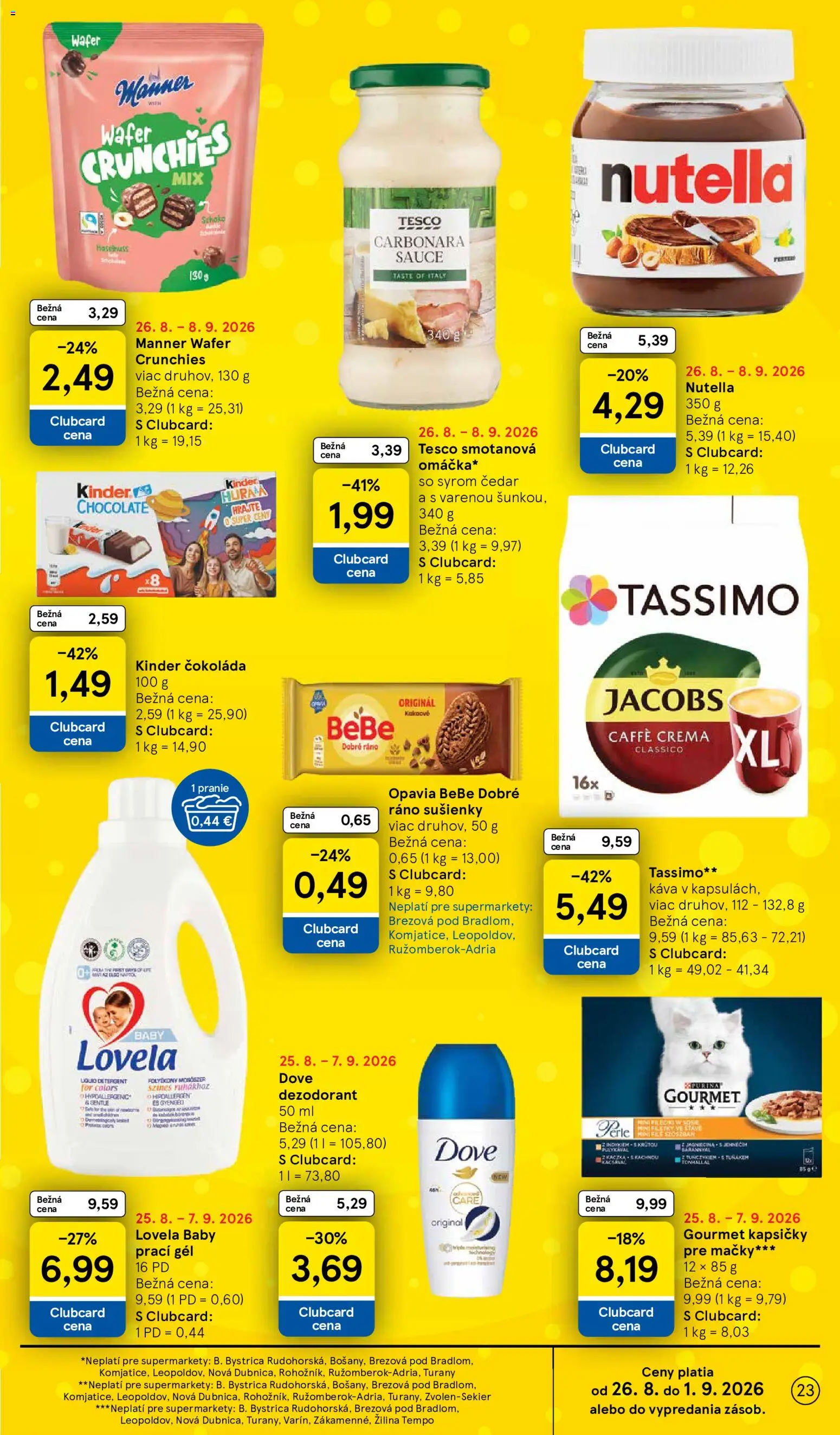 Nové Tesco akcie – leták je platný od 26.08.2026 | Strana: 23 | Produkty: BeBe Dobré ráno, Sušienky, Čokoláda, Nutella