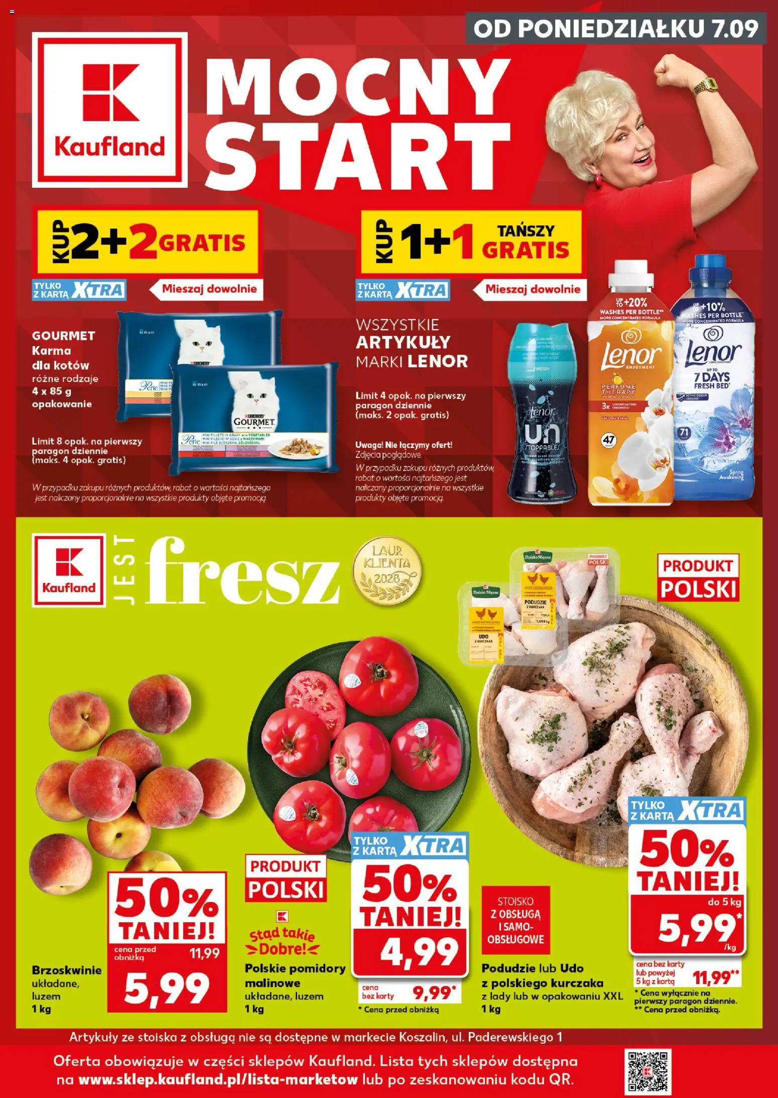 Kaufland Polsko leták - Mocny start od 07.09.2026 | Strana: 1 | Produkty: Lenor, Gourmet, Karty