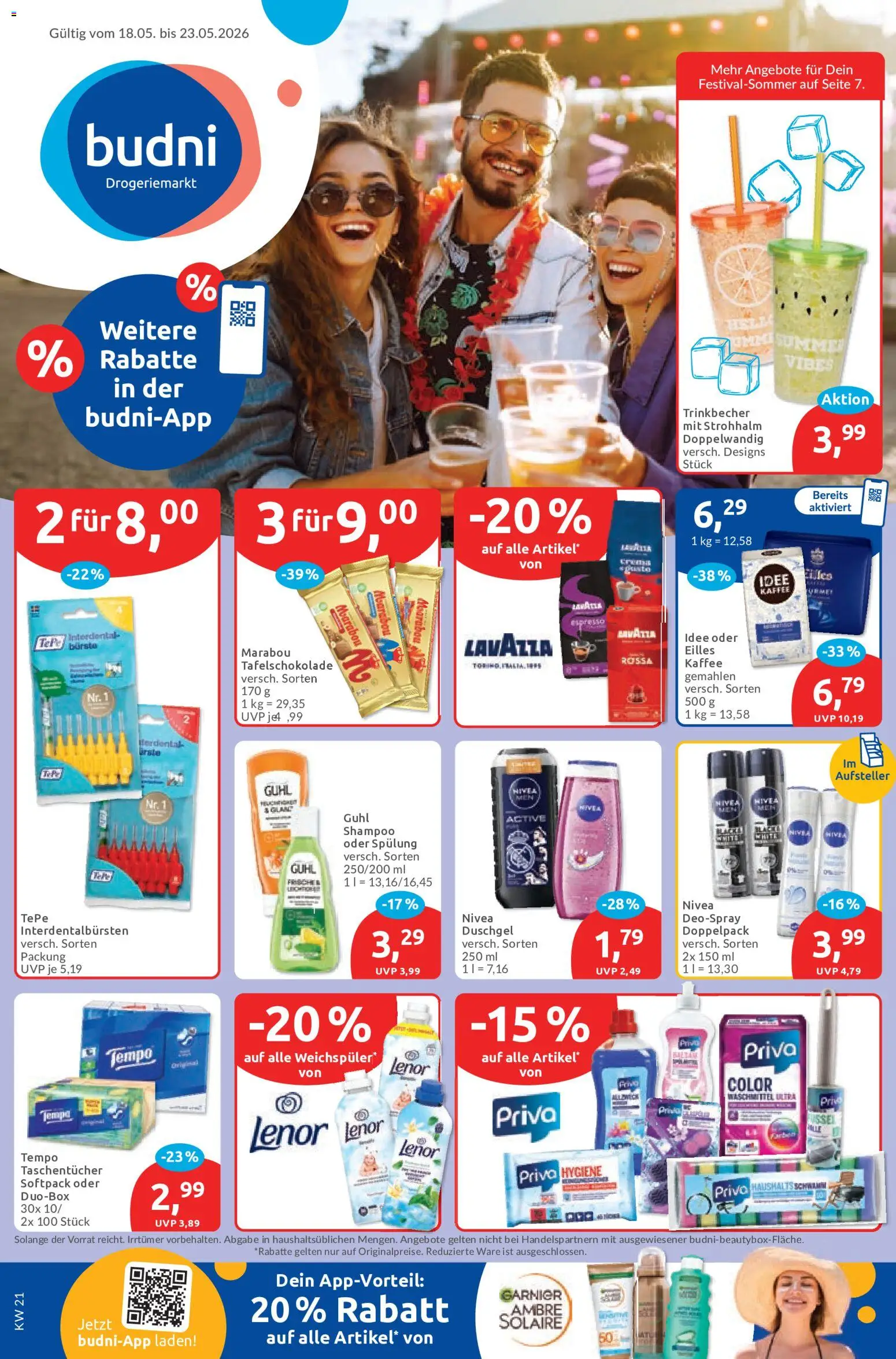 Budni Prospekt – gültig ab 18.05.2026 | Seite: 1 | Produkte: Kaffee, Spülung, Waschmittel, Tempo