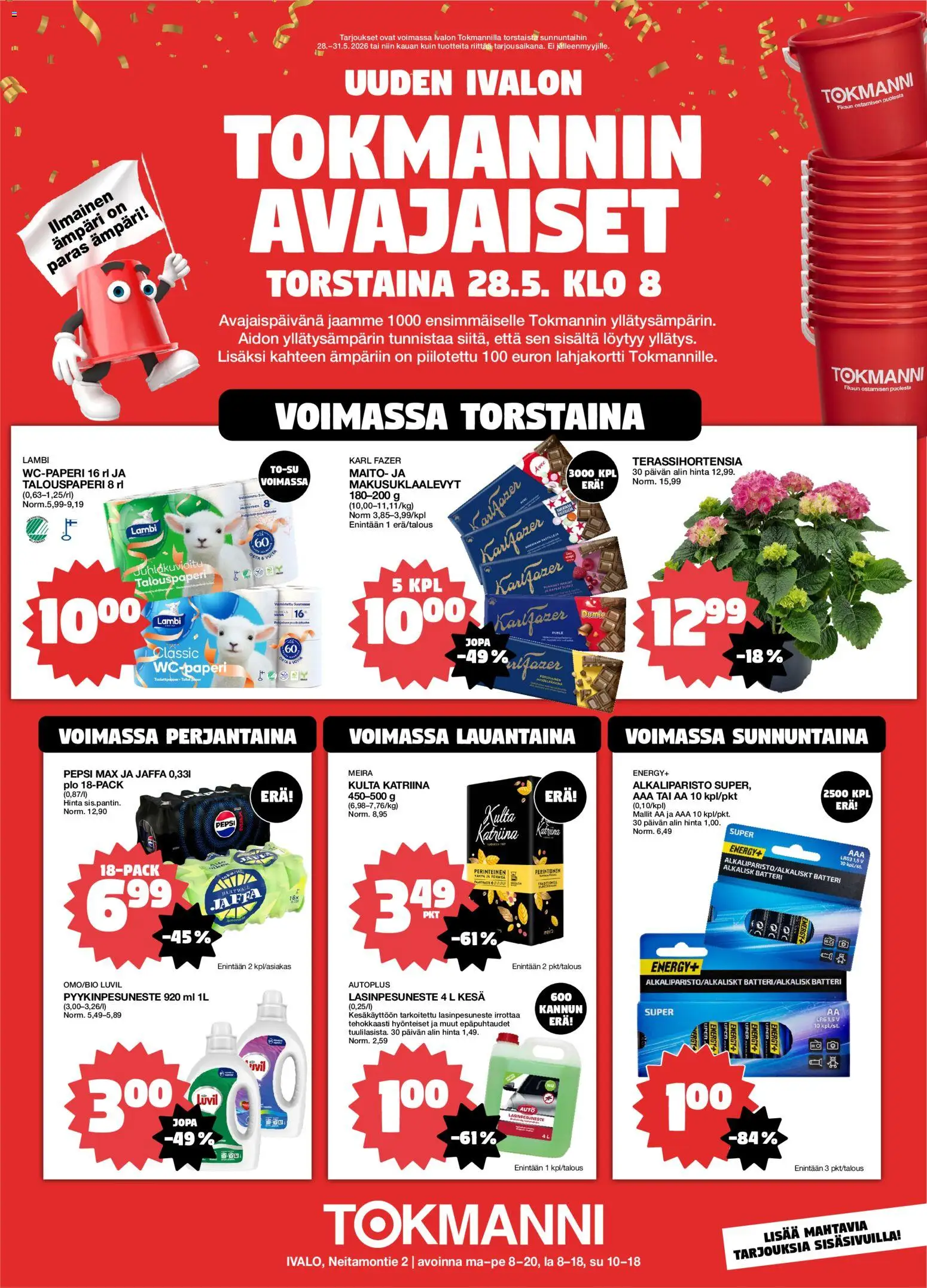 Tokmanni tarjoukset - Uusi myymälä Ivaloon – voimassa 28.05.2026 alkaen | Sivu: 1 | Tuotteet: Wc-paperi, Ämpäri, Maito, Lasinpesuneste