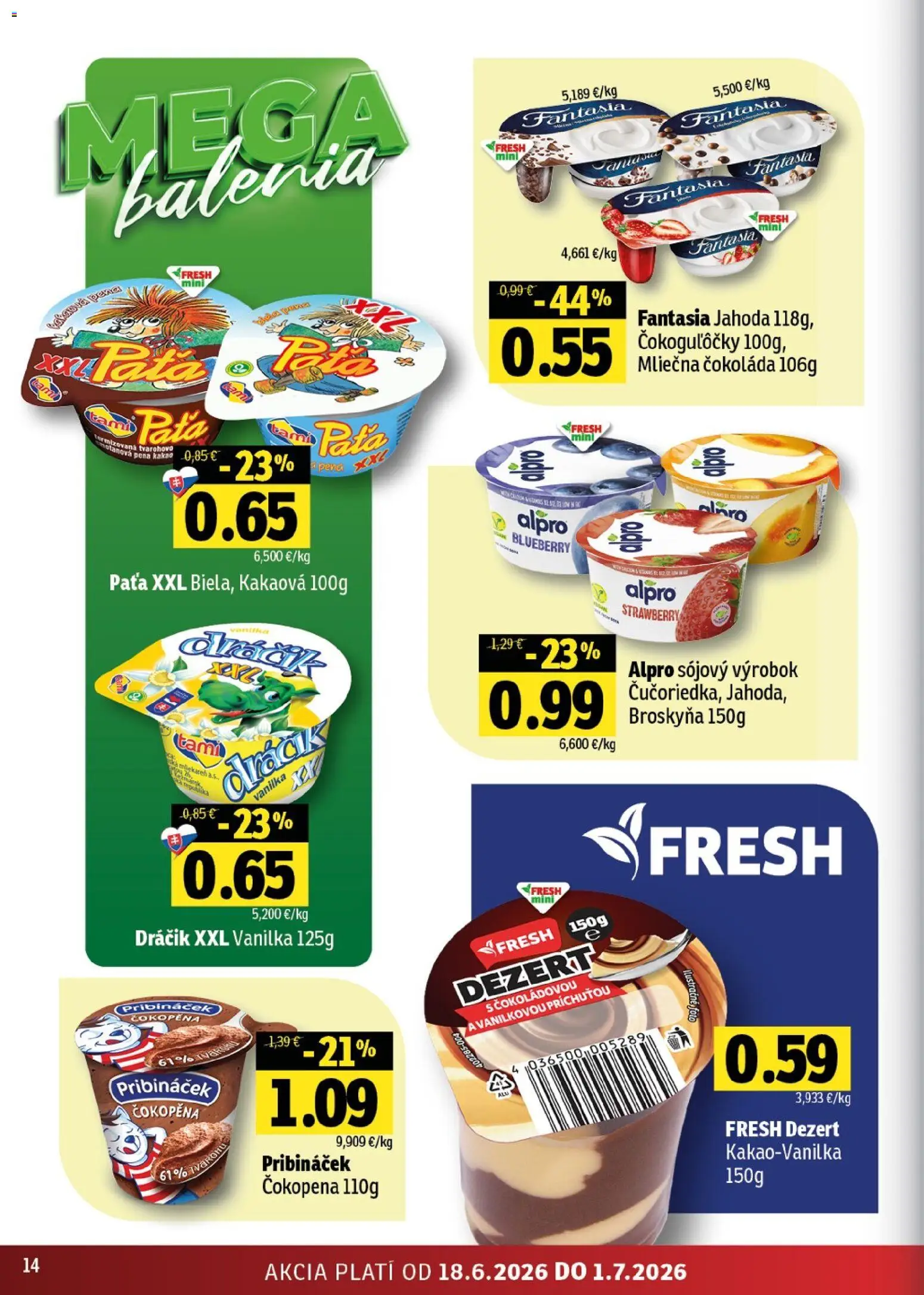Nové Fresh akcie – leták je platný od 18.06.2026 | Strana: 14 | Produkty: Čokoláda, Alpro, Kakao