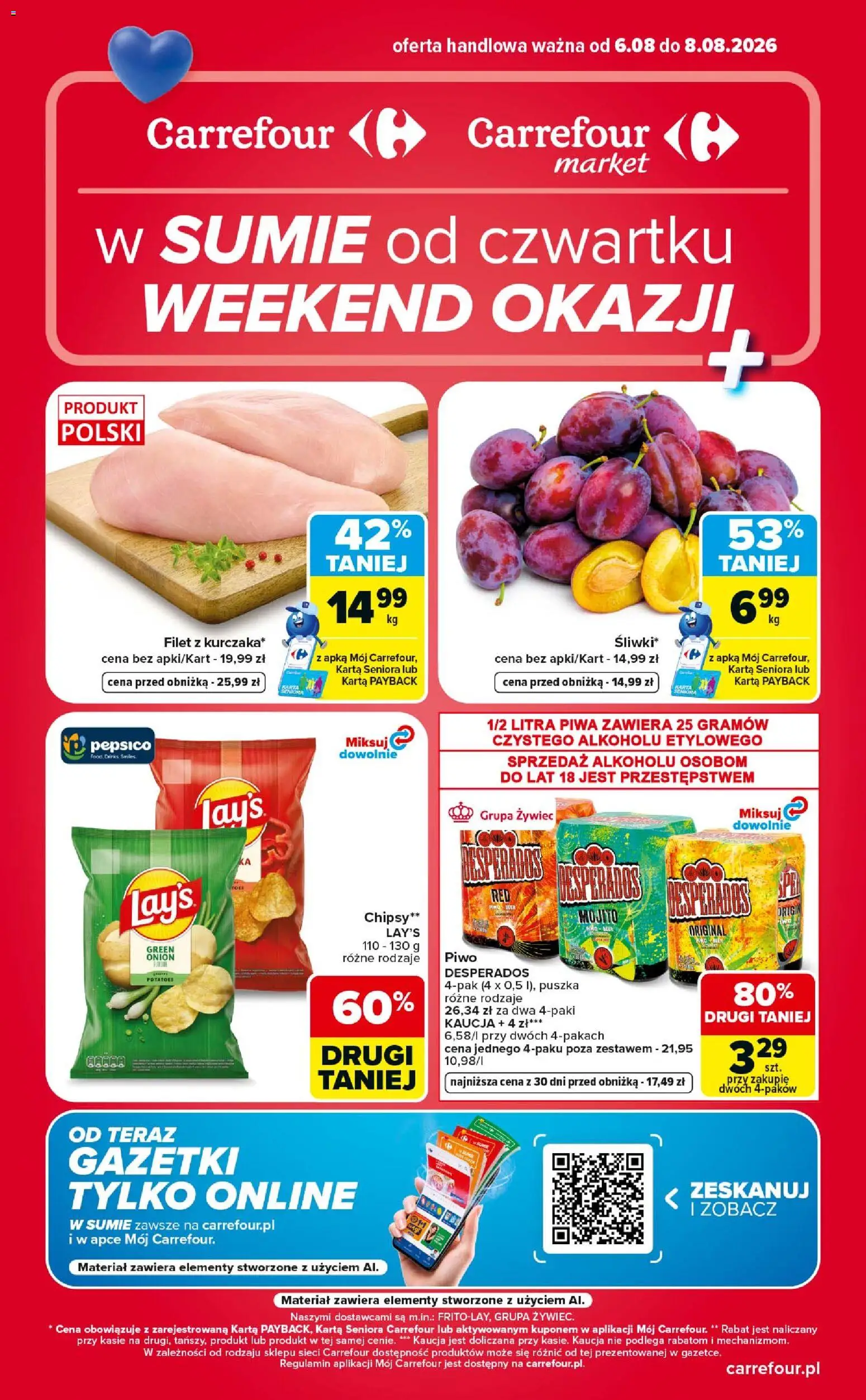 Carrefour gazetka - Weekend okazji od 06.08.2026 | Strona: 1 | Produkty: Karta, Chipsy, Piwo Desperados, Piwo