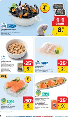 Zeeuwse mosselen Jumbo, kaliber 45 tot 55 stuks per kg, gekweekt in Nederland, 1 kg - Voorbeeld van een folder van Carrefour, geldig van 19/08/2026 | Pagina: 6 | Producten: Zalm, Mosselen, Gerookte zalm, Garnalen