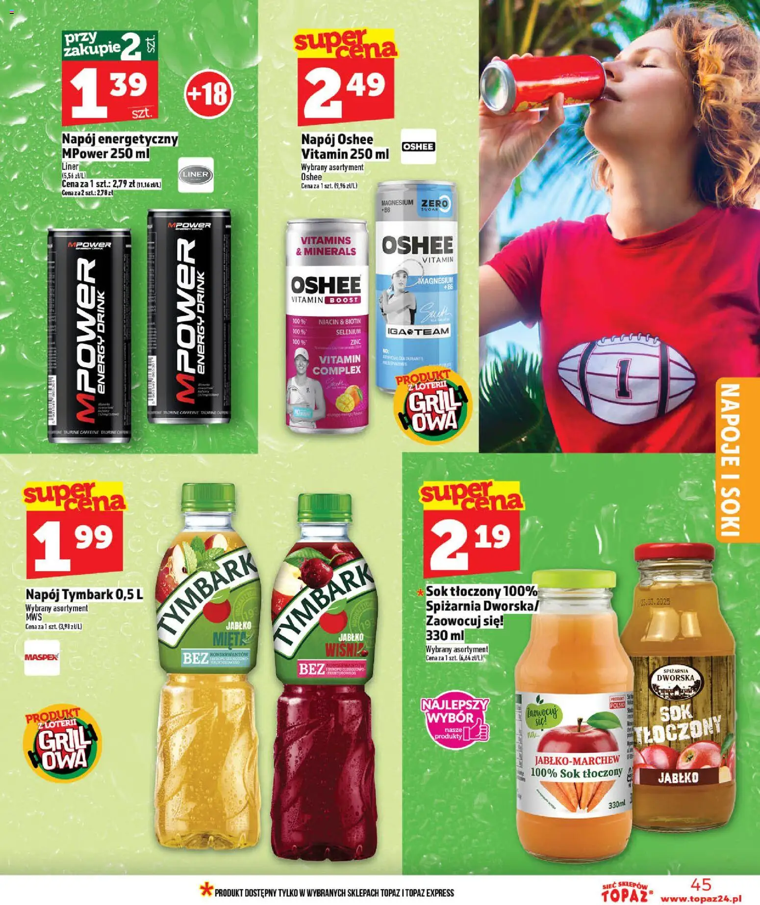 Topaz gazetka - Ceny małe na stałe od 14.05.2026 | Strona: 45 | Produkty: Grill, Soki, Mięta, Sok