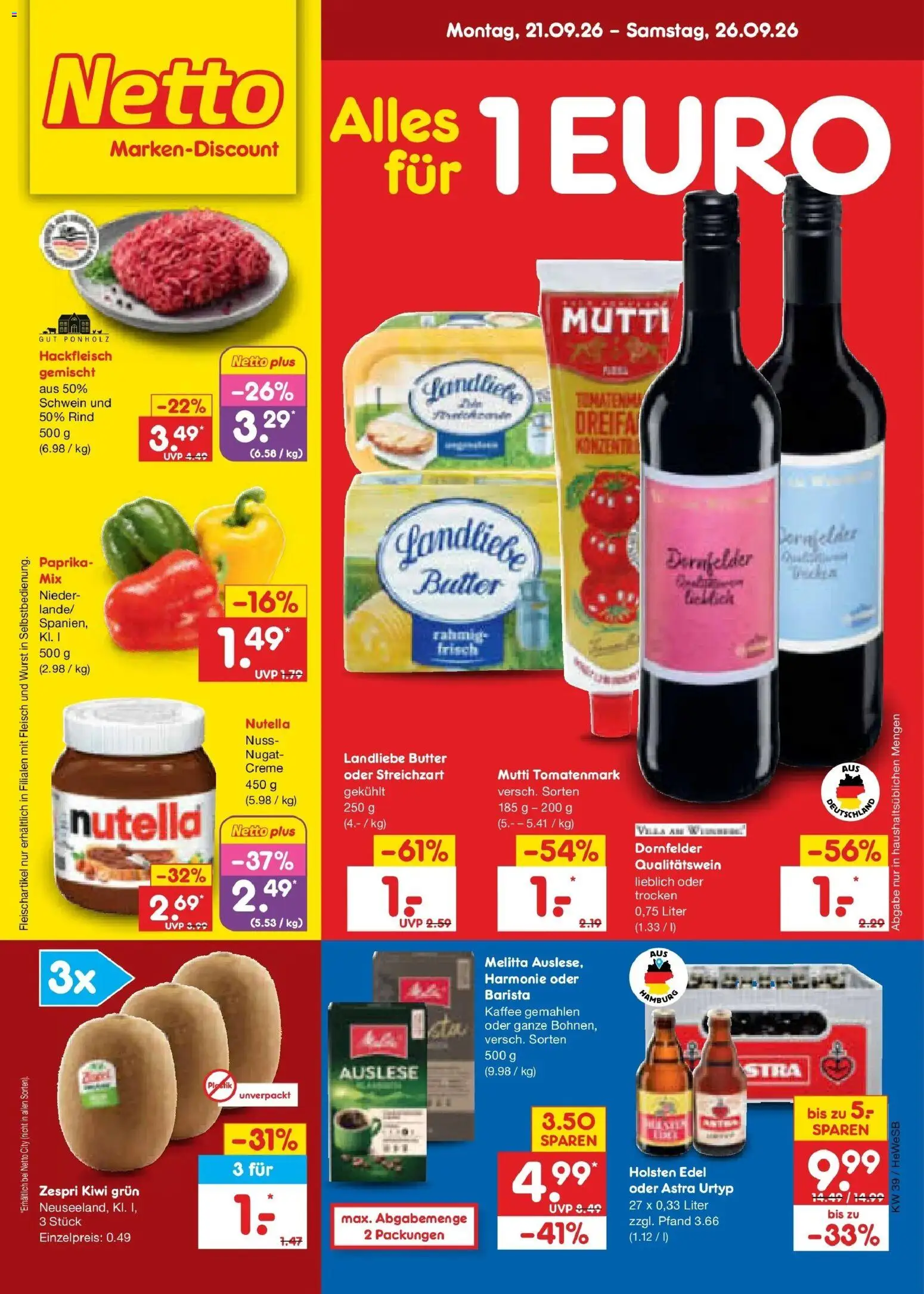 Netto Marken-Discount Prospekt Hamburg – gültig ab 21.09.2026 | Seite: 1 | Produkte: Butter, Holsten edel, Kiwi, Hackfleisch