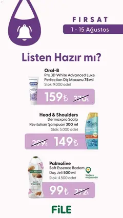 01 Ağustos 2026 tarihinden itibaren geçerli olan File Market kataloğu önizlemesi | Sayfa: 2 | Ürünler: Şampuan, Duş jeli, Diş macunu, Badem