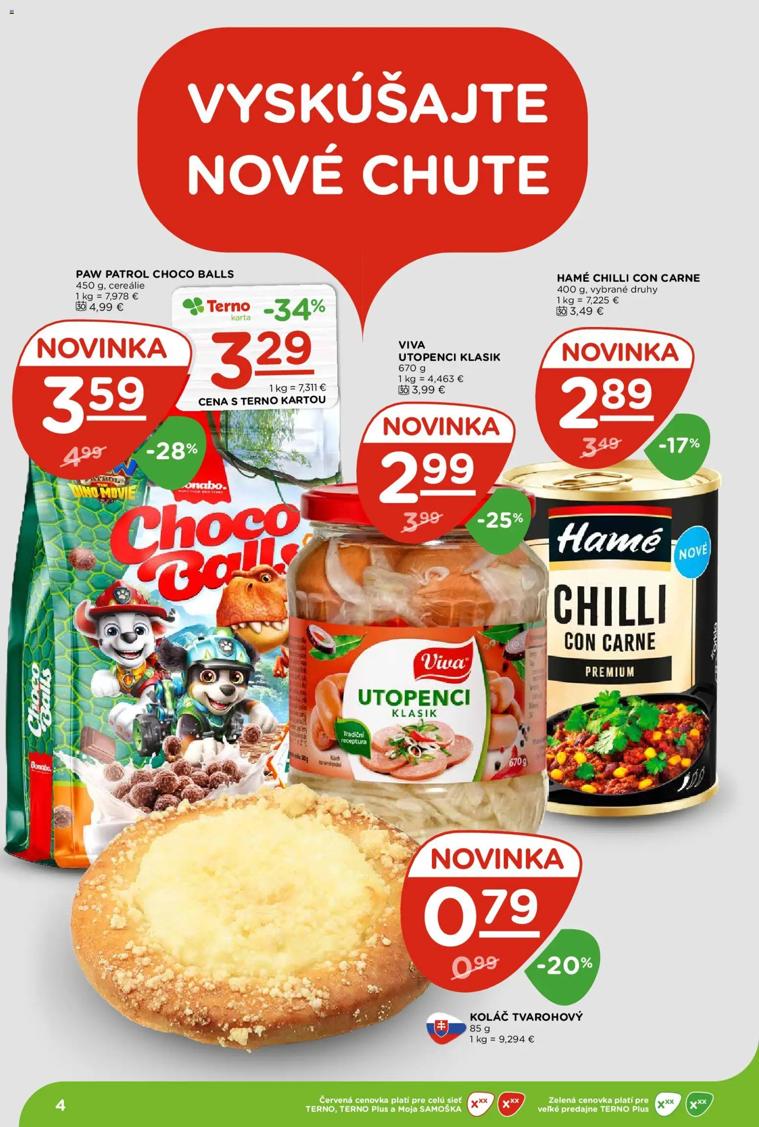 Nové Terno akcie – leták je platný od 20.08.2026 | Strana: 4 | Produkty: Chilli, Koláč, Cereálie