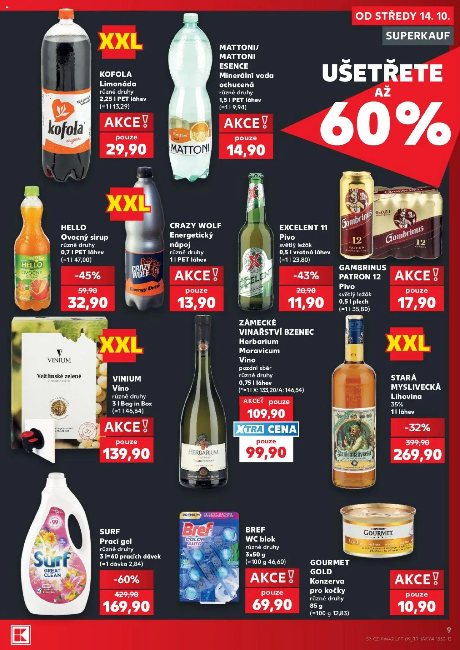 Kaufland leták od 14.10.2026 | Strana: 9 | Produkty: Energetický nápoj Crazy Wolf, Plech, Mattoni Esence, WC blok Bref