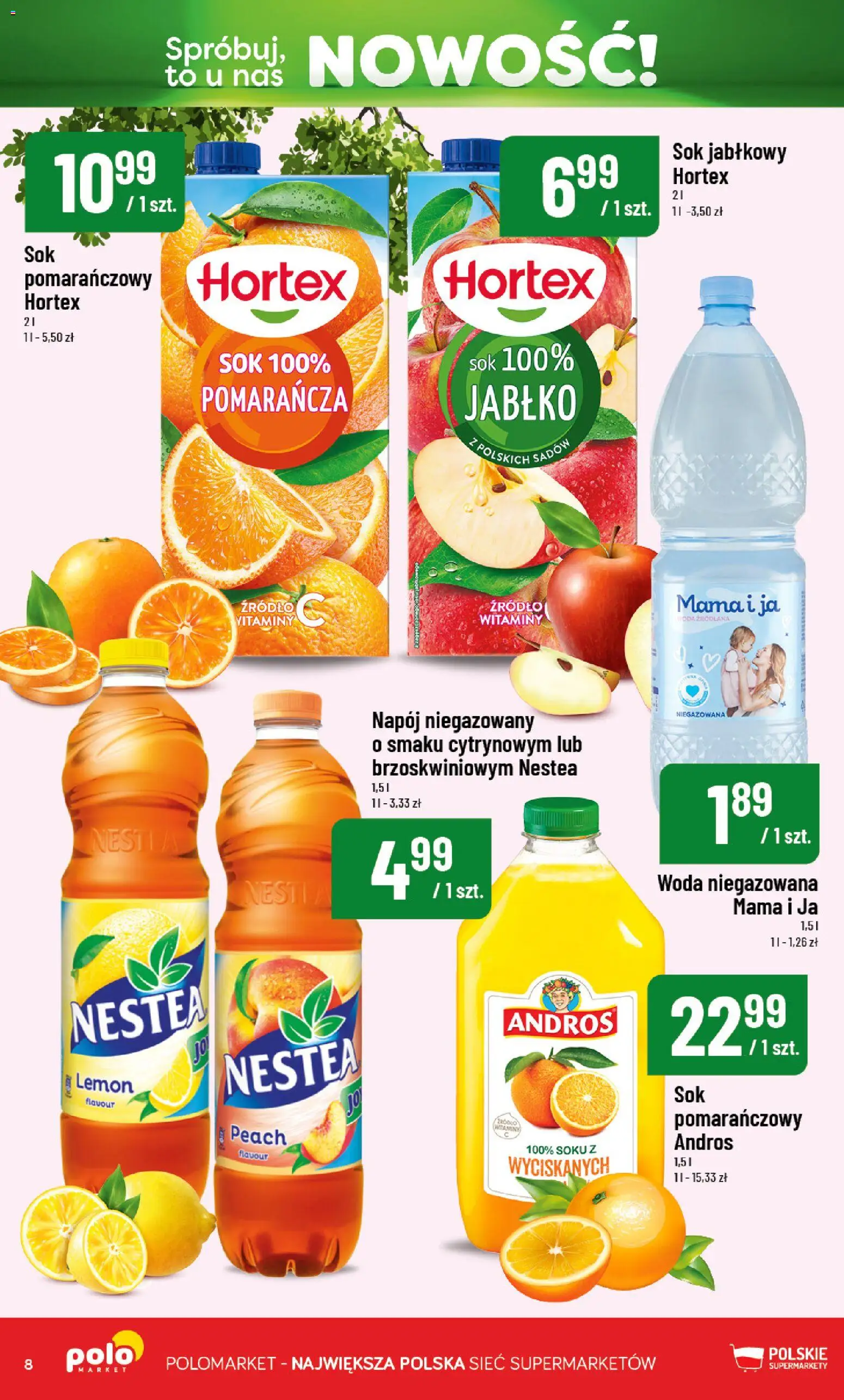 Nowa POLOmarket gazetka od jutra 11.09.2026 | Strona: 8 | Produkty: Sok jabłkowy, Woda źródlana, Sok, Woda