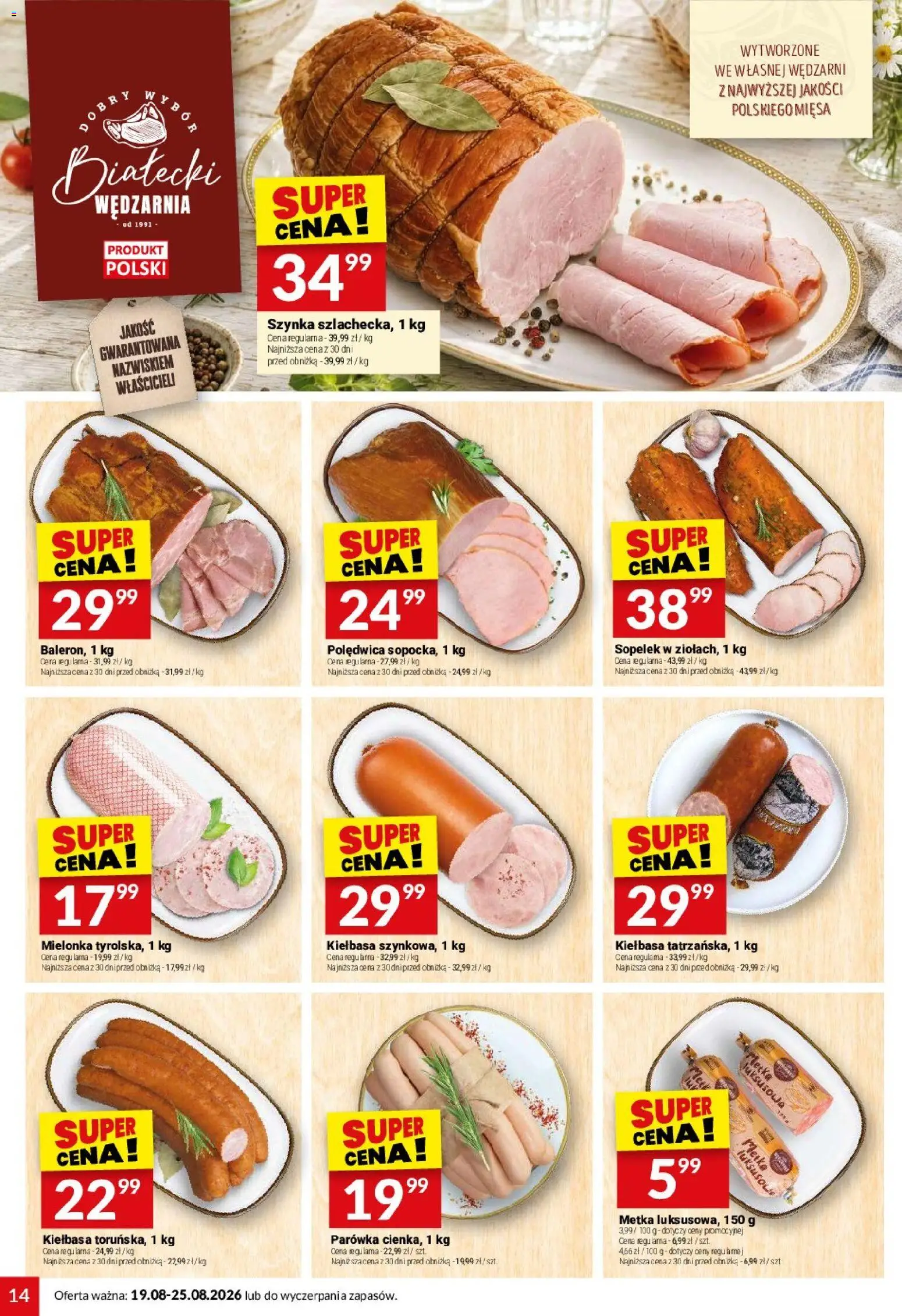Twój Market gazetka od 19.08.2026 | Strona: 14 | Produkty: Kiełbasa, Szynka