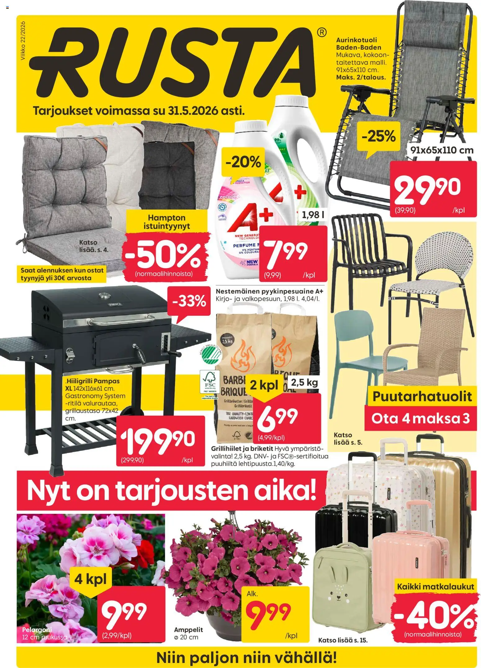 Rusta tarjoukset – voimassa 25.05.2026 alkaen | Sivu: 1 | Tuotteet: Ritilä, Aurinkotuoli, Briketit
