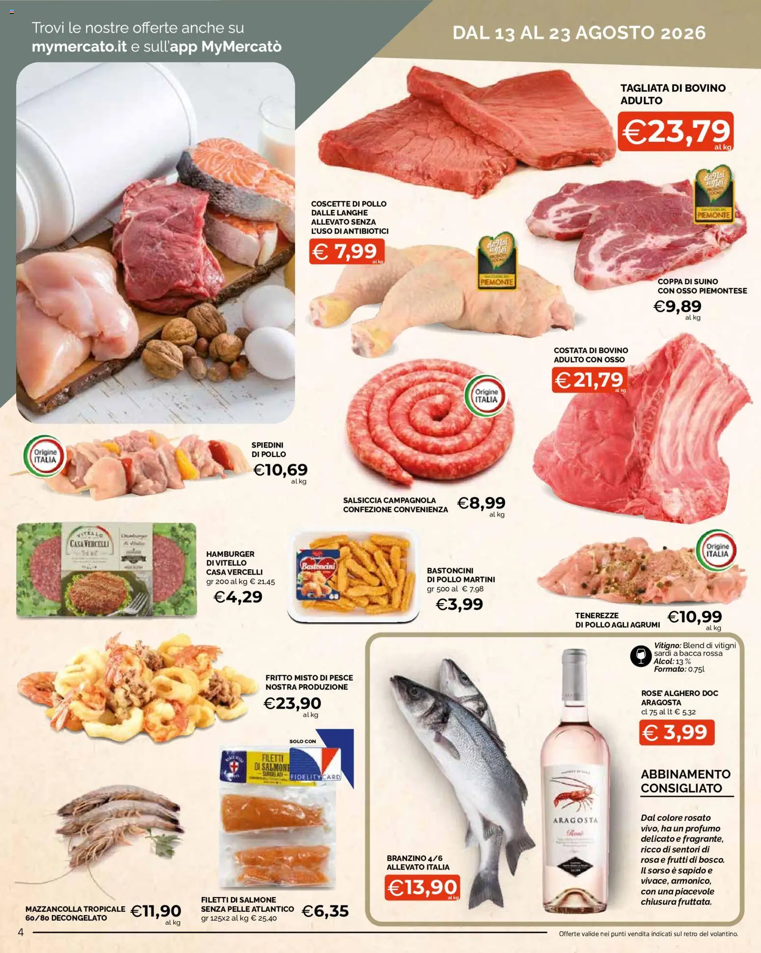 Volantino Mercatò del 13/08/2026 | Pagina: 4 | Prodotti: Salmone, Agrumi, Hamburger, Spiedini