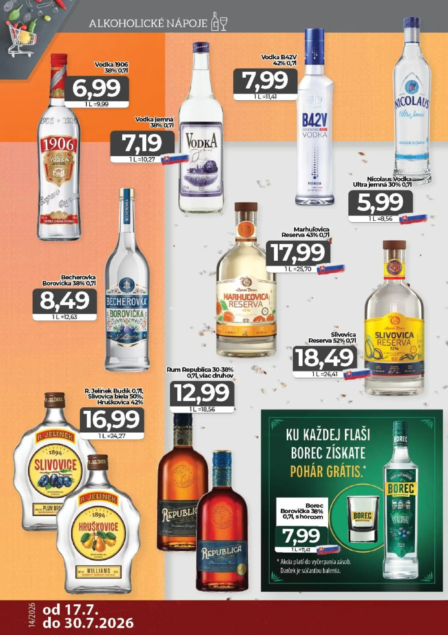 Nové CBA Komfos akcie – leták je platný od 17.07.2026 | Strana: 14 | Produkty: Hruškovica, Nápoje, Republica, Nicolaus vodka