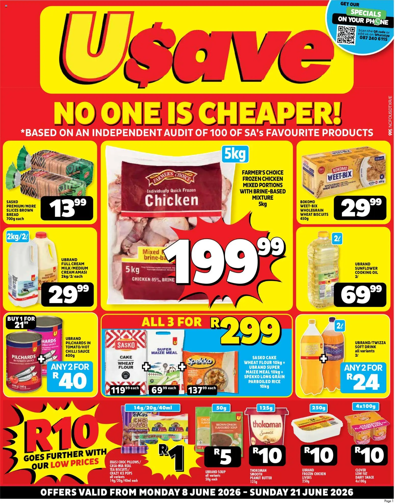 New Usave catalogue – valid from 08.06.2026 | Page: 1 | Products: Flour, Butter, Chicken, Soup