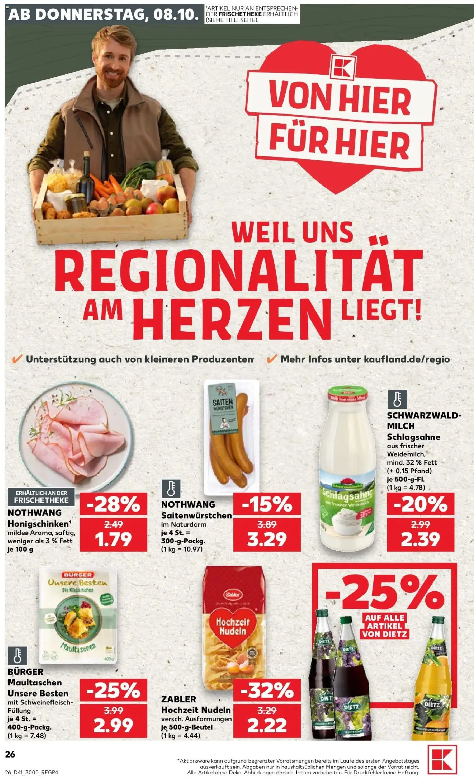 Prospekt Kaufland ab 08.10.2026 » Angebote Online zum Blättern | Seite: 26 | Produkte: Schlagsahne, Milch, Burger, Nudeln