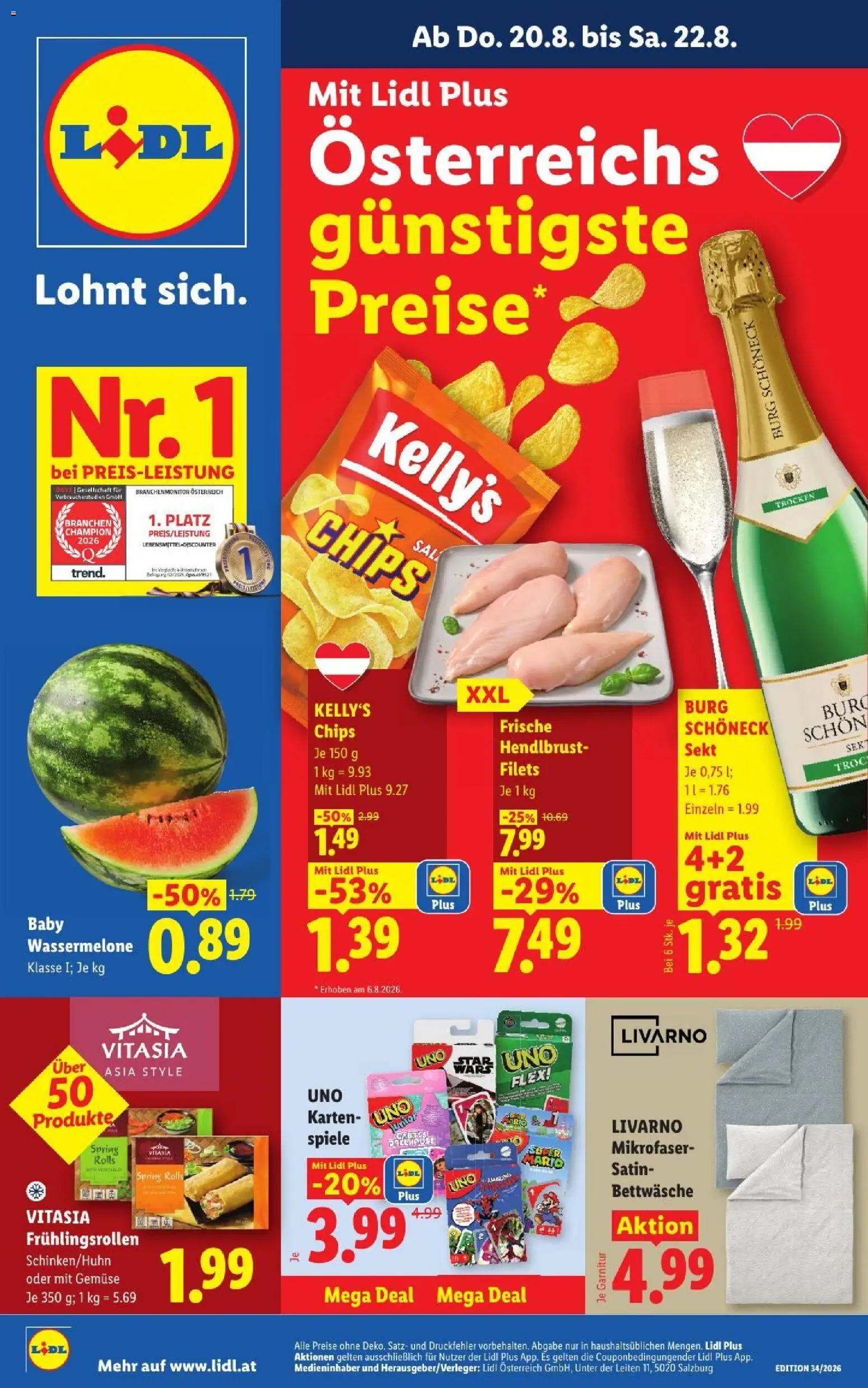 Lidl - Flugblatt gültig ab 20.08.2026 | Seite: 1 | Produkte: Chips, Gemüse, Wassermelone