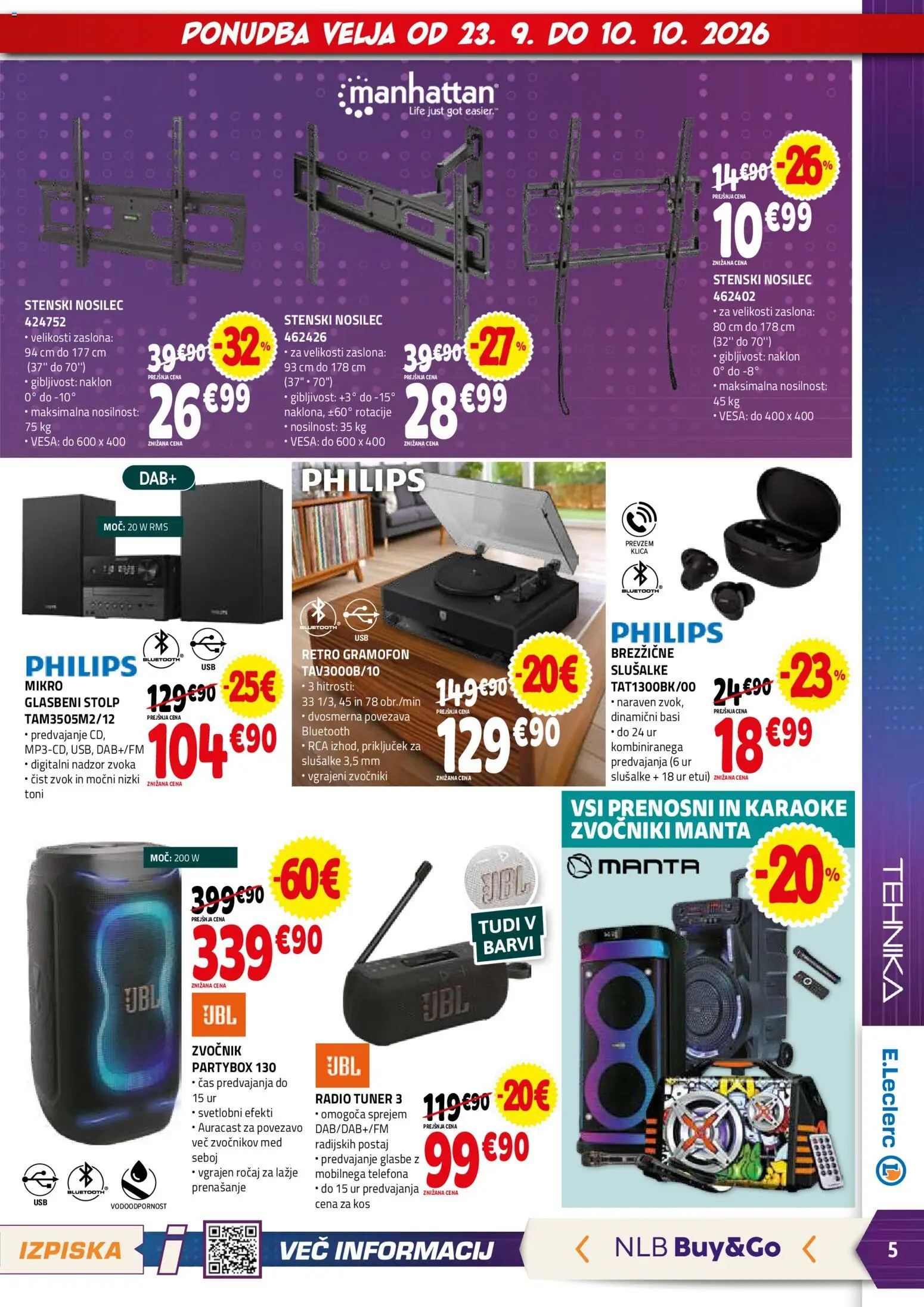 Novi E.leclerc katalog ponudbe – veljaven od 23.09.2026 | Stran: 5 | Izdelki: Zvocnik, Kos, Glasbeni stolp, Karaoke
