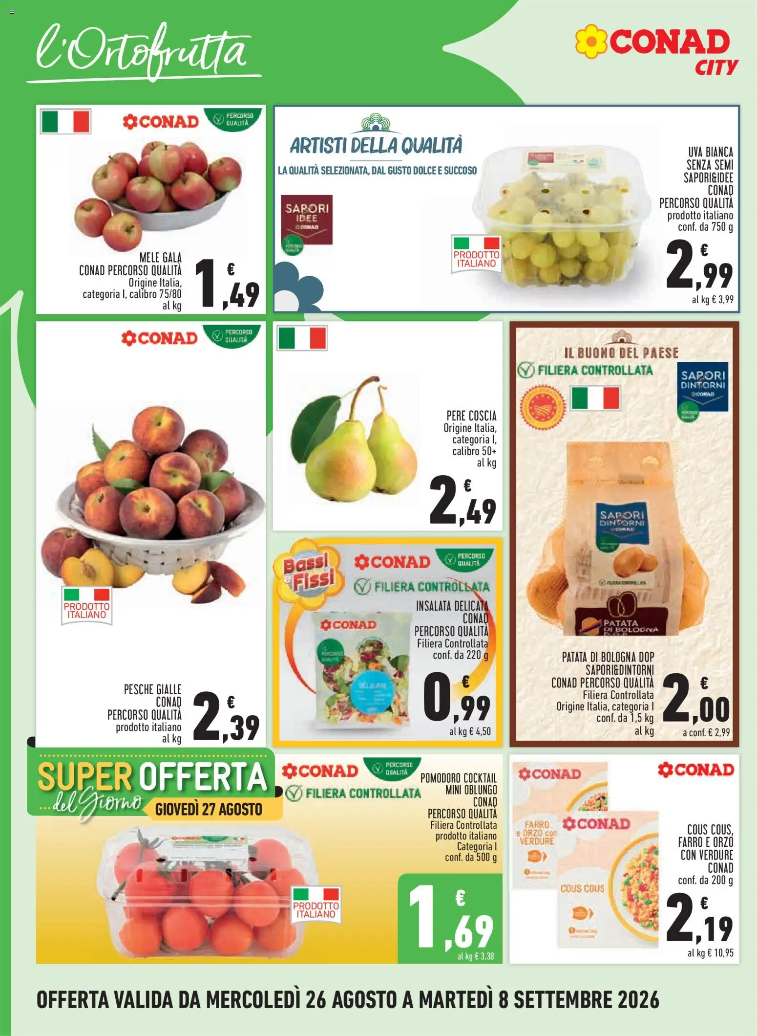 Volantino Conad del 26/08/2026 | Pagina: 2 | Prodotti: Cocktail, Verdure, Uva, Pesche