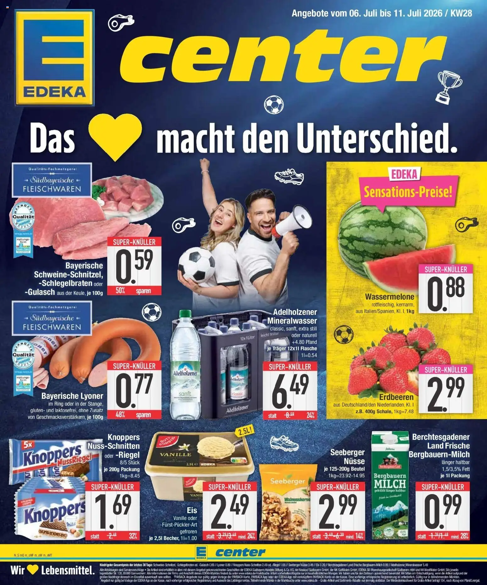 E center Wochenangebote – gültig ab 06.07.2026 | Seite: 1 | Produkte: Adelholzener, Gulasch, Wassermelone, Erdbeeren