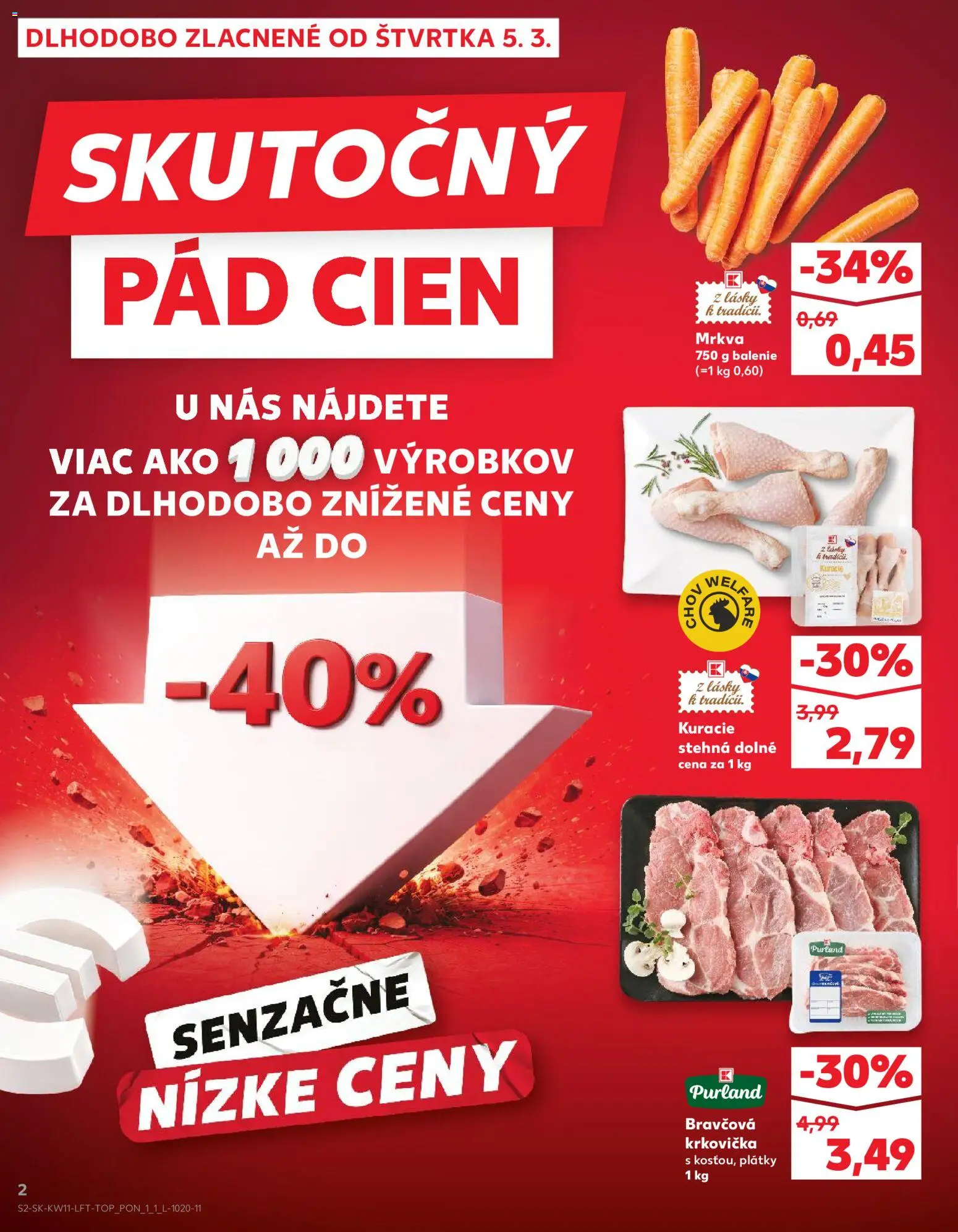 Nové Kaufland akcie – leták je platný od 12.03.2026 | Strana: 2 | Produkty: Bravčová krkovička, Kuracie stehná, Krkovička, Mrkva