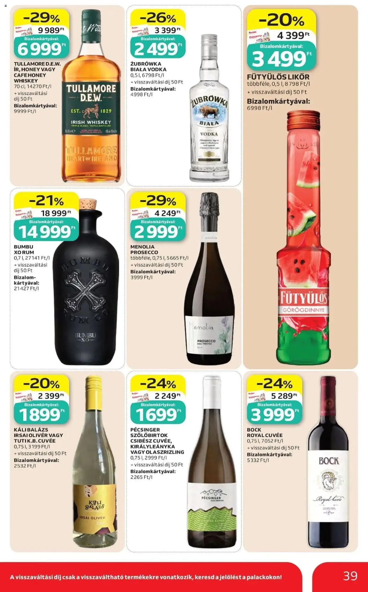 Auchan akciós újság Szolnok - 2026.10.08. -tól/töl > akció, lapozható szórólap 🛍️ | Oldal: 39 | Termékek: Görögdinnye, Whiskey, Żubrówka, Likőr