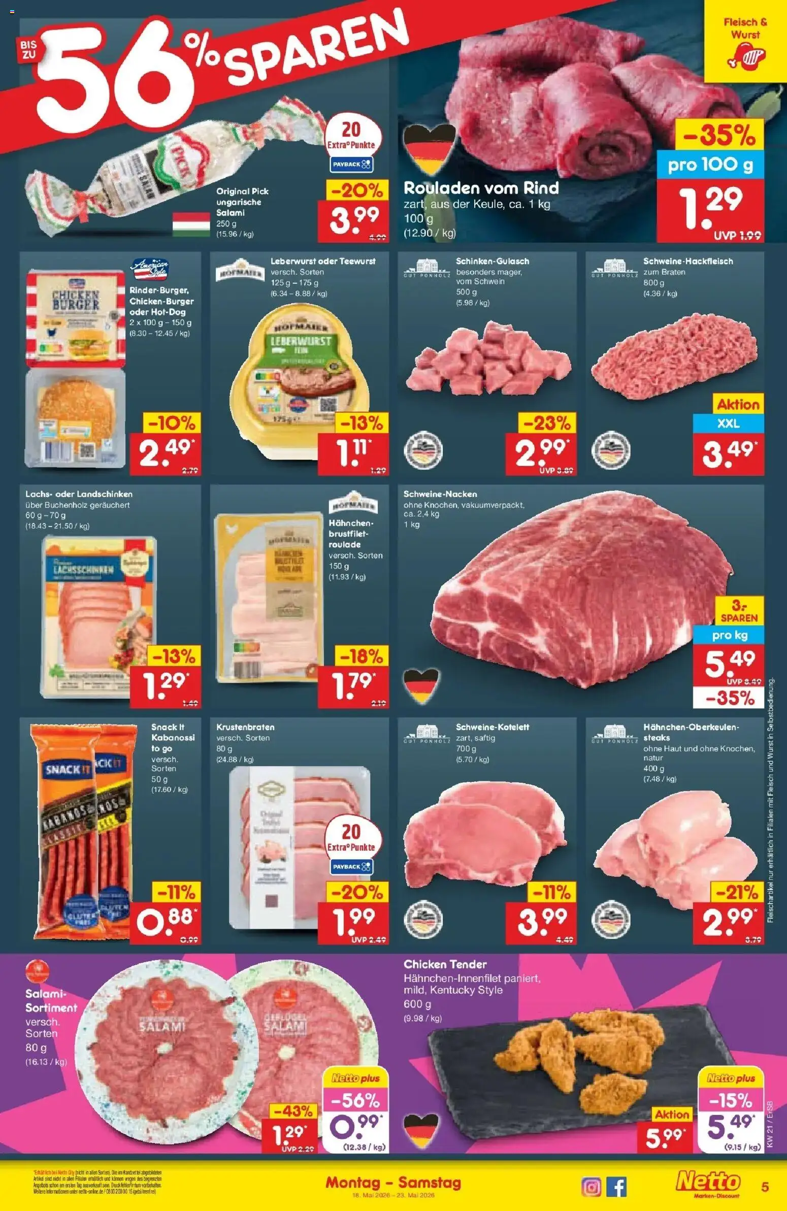 Netto Marken-Discount Prospekt Nordhausen	 – gültig ab 17.05.2026 | Seite: 5 | Produkte: Hahnchen, Schweinenacken, Salami, Fleisch