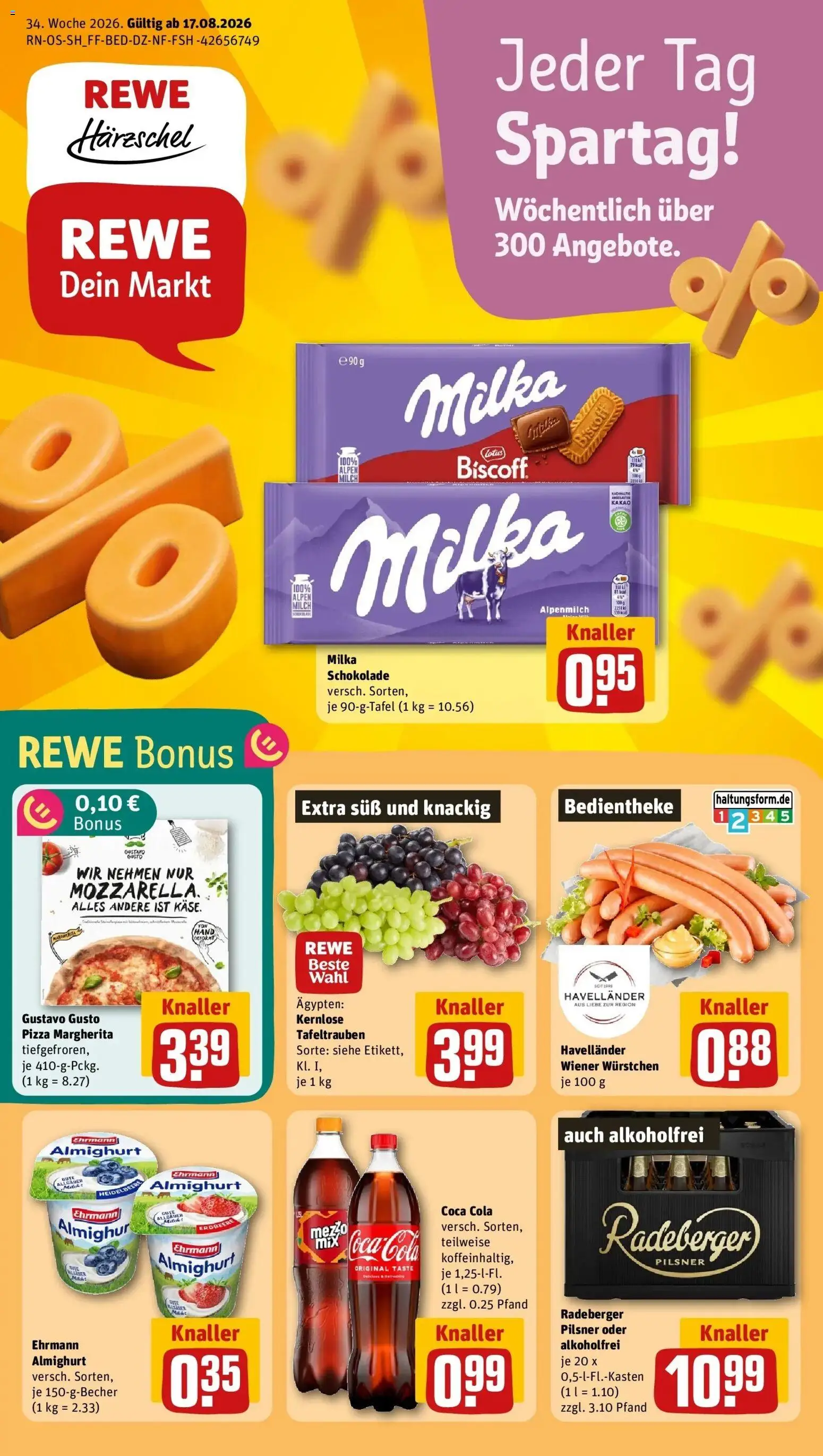 REWE Prospekt ab 17.08.2026 zum Blättern » Angebote | Seite: 1 | Produkte: Gustavo gusto, Wiener wurstchen, Coca cola, Milka schokolade
