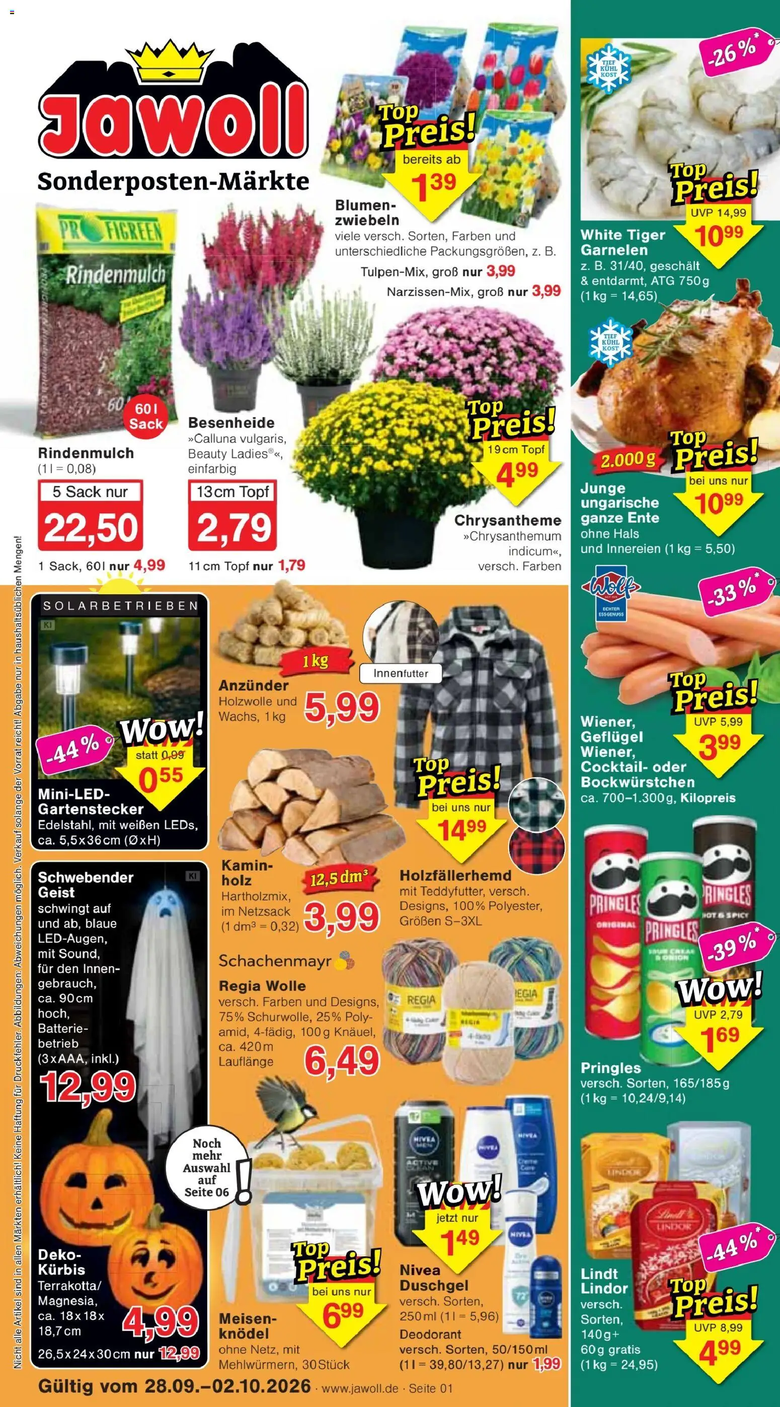 Jawoll Prospekt – gültig ab 28.09.2026 | Seite: 1 | Produkte: Rindenmulch, Batterie, Duschgel, Pringles