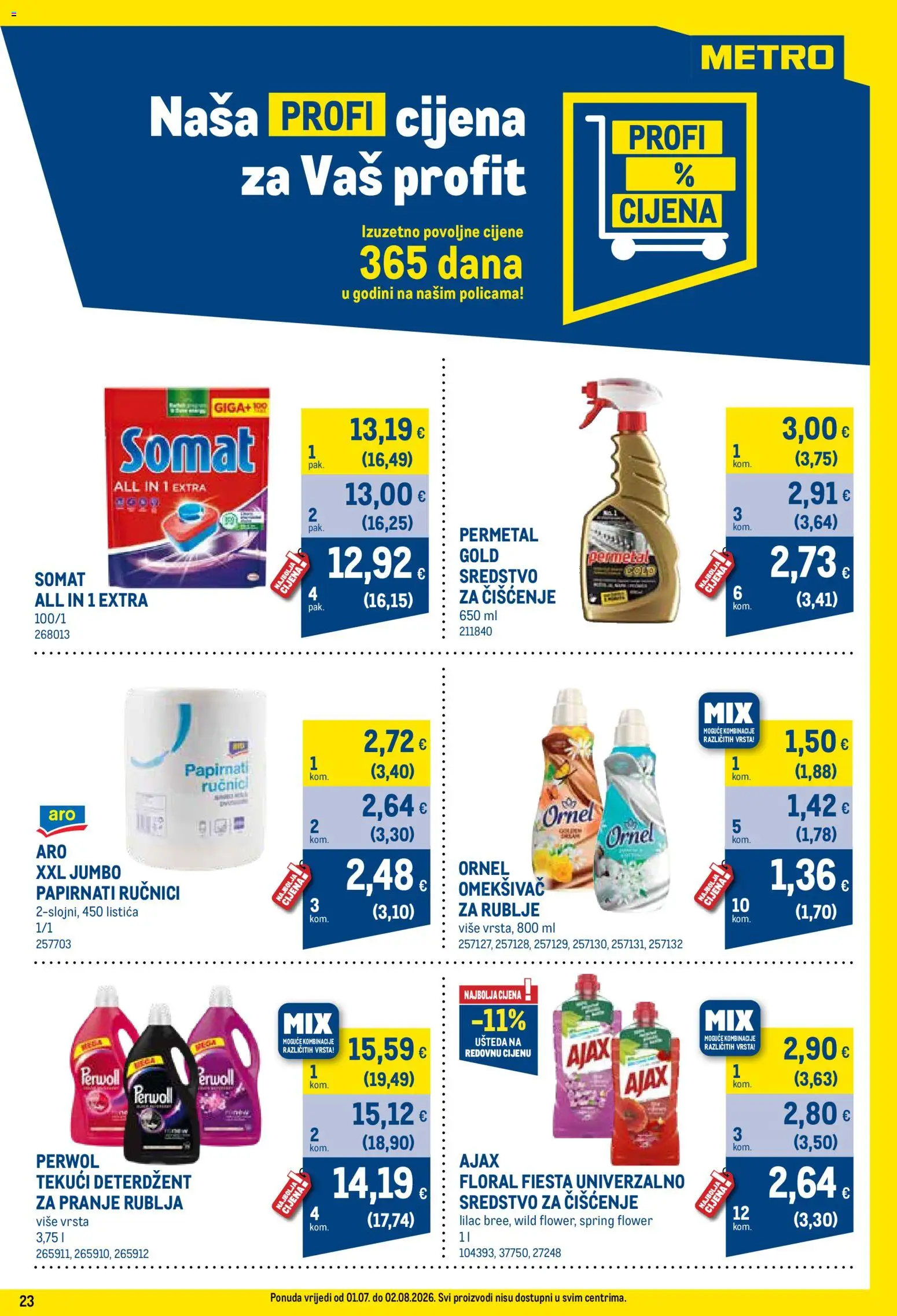 Metro katalog | vrijedi od 01.07.2026 | Stranica: 23 | Proizvodi: Papirnati ručnici, Tekući deterdžent, Somat, Ajax