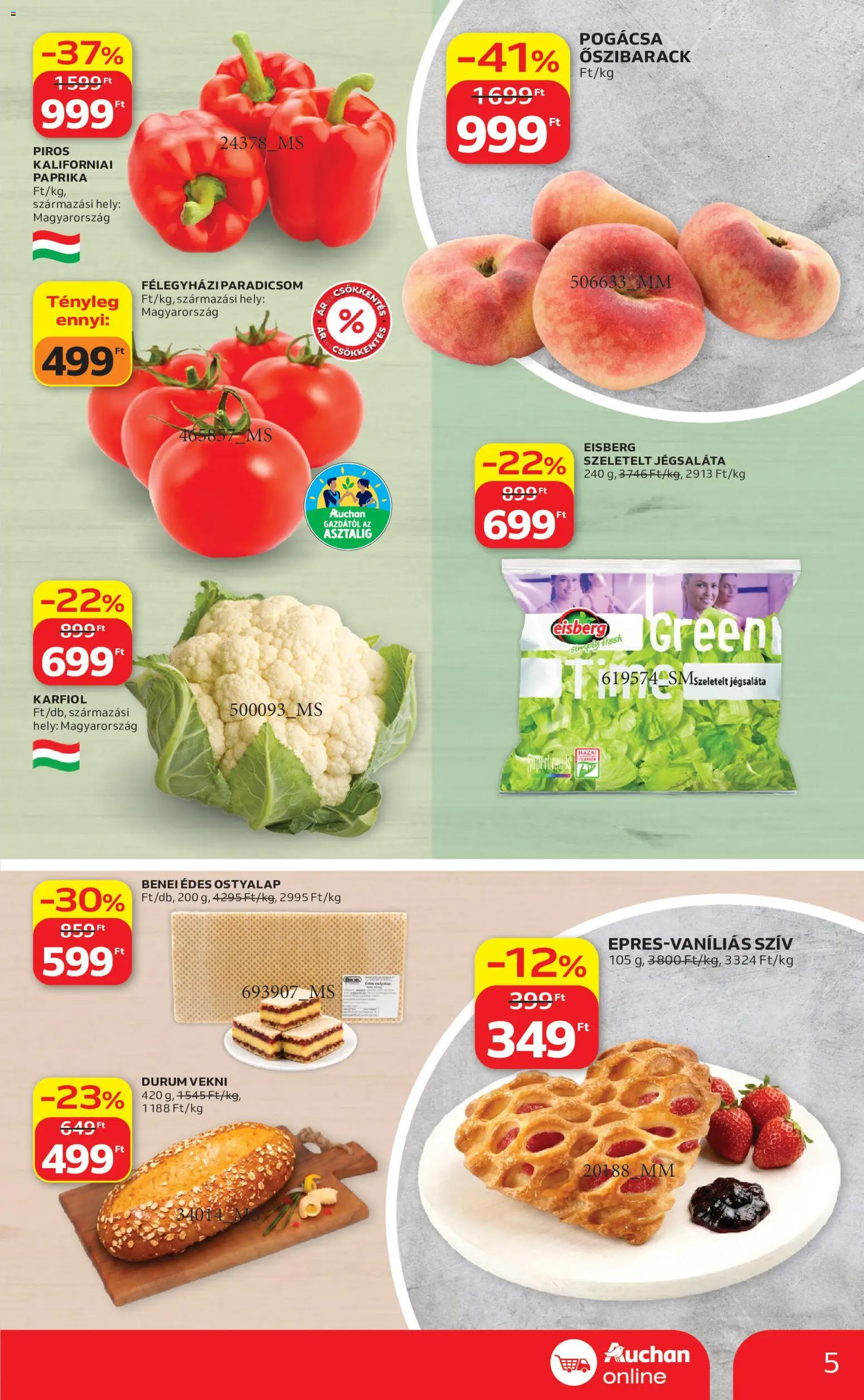 Auchan akciós ujság - amely érvényes a következő dátumtól: 18.06.2026 | Oldal: 5 | Termékek: Őszibarack, Ostyalap, Kaliforniai paprika, Pogácsa