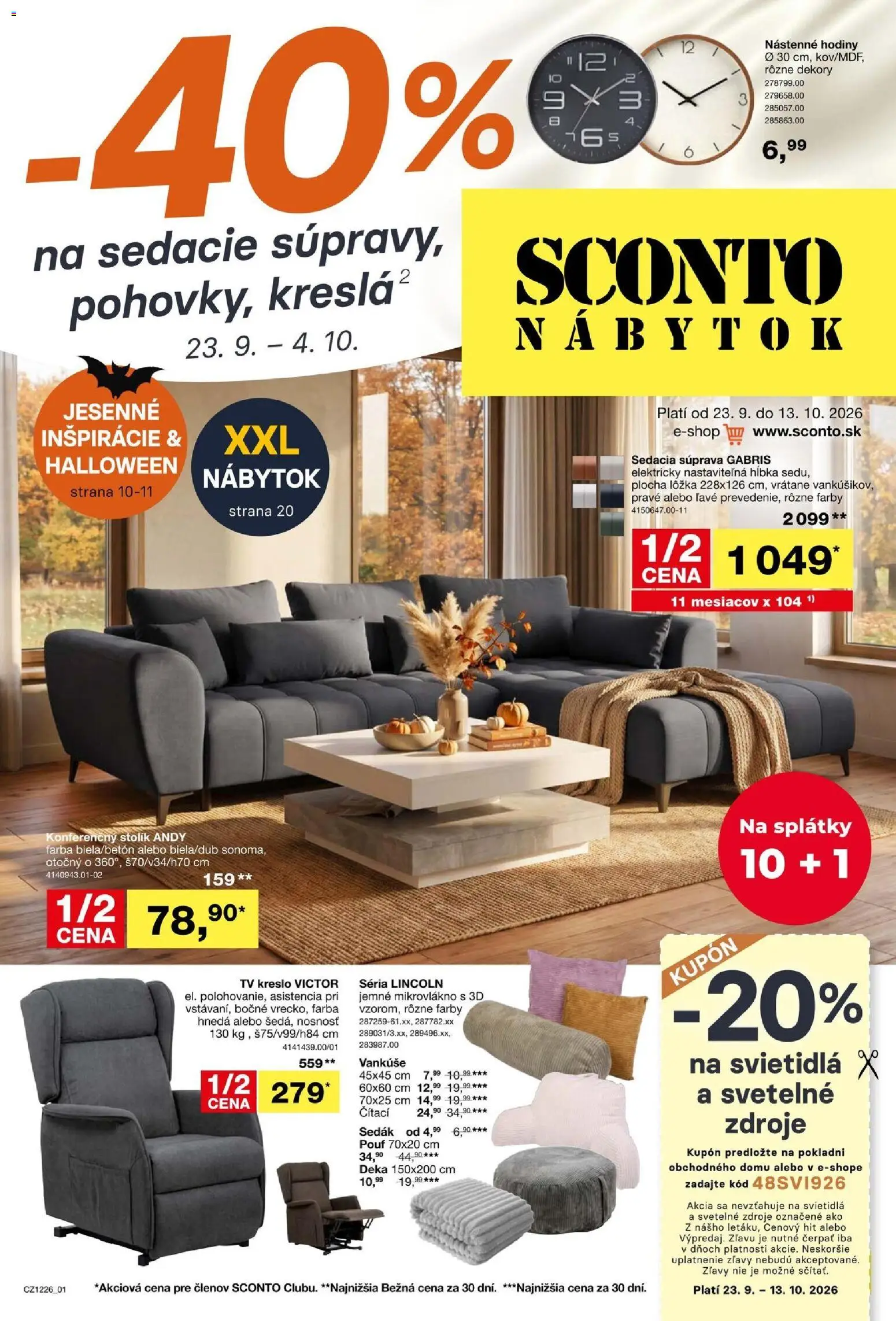 Nové Sconto nábytok akcie – leták je platný od 23.09.2026 | Strana: 1 | Produkty: Nábytok, Sedacia súprava, Tv, Svietidlá