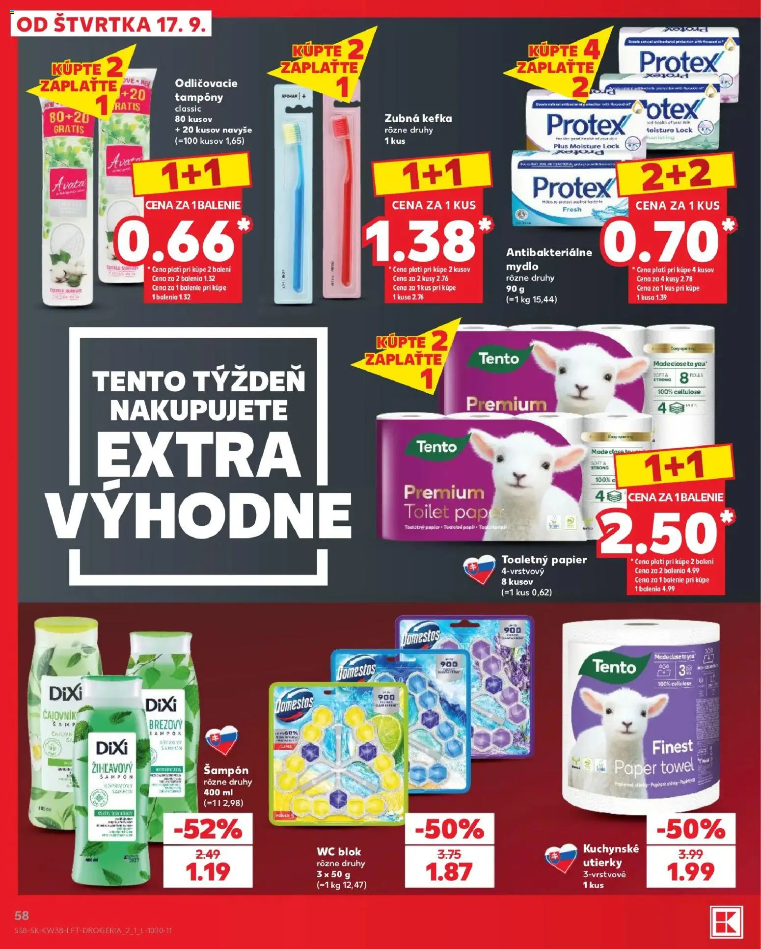 Nové Kaufland akcie – leták je platný od 17.09.2026 | Strana: 58 | Produkty: Zubná kefka, Wc, Domestos, Utierky