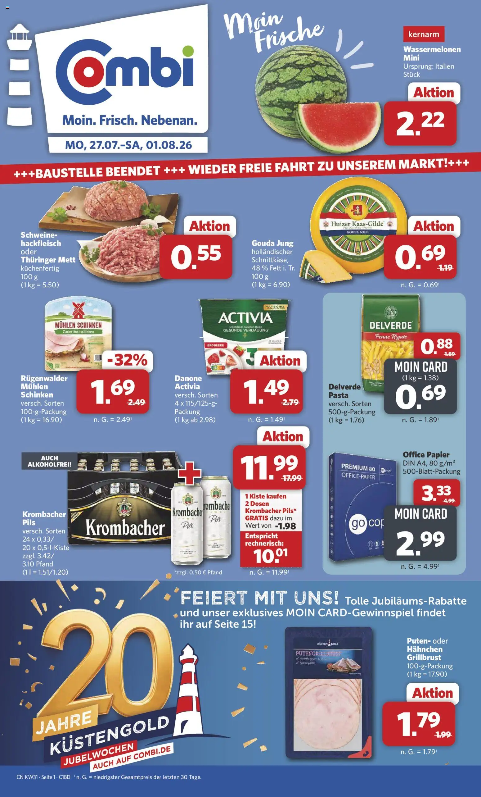 Combi Prospekt – gültig ab 27.07.2026 | Seite: 1 | Produkte: Activia, Pils, Pasta, Hackfleisch