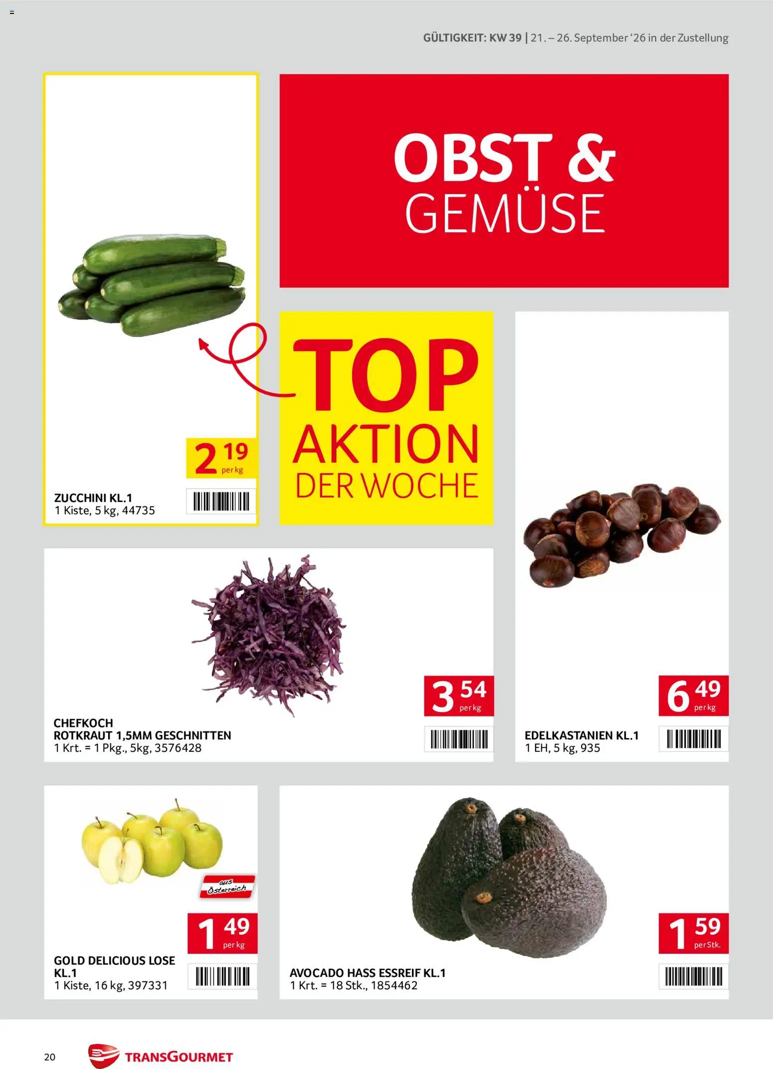 Transgourmet Zustellaktion gültig ab 20.09.2026 | Seite: 20 | Produkte: Avocado, Gemüse, Obst, Zucchini
