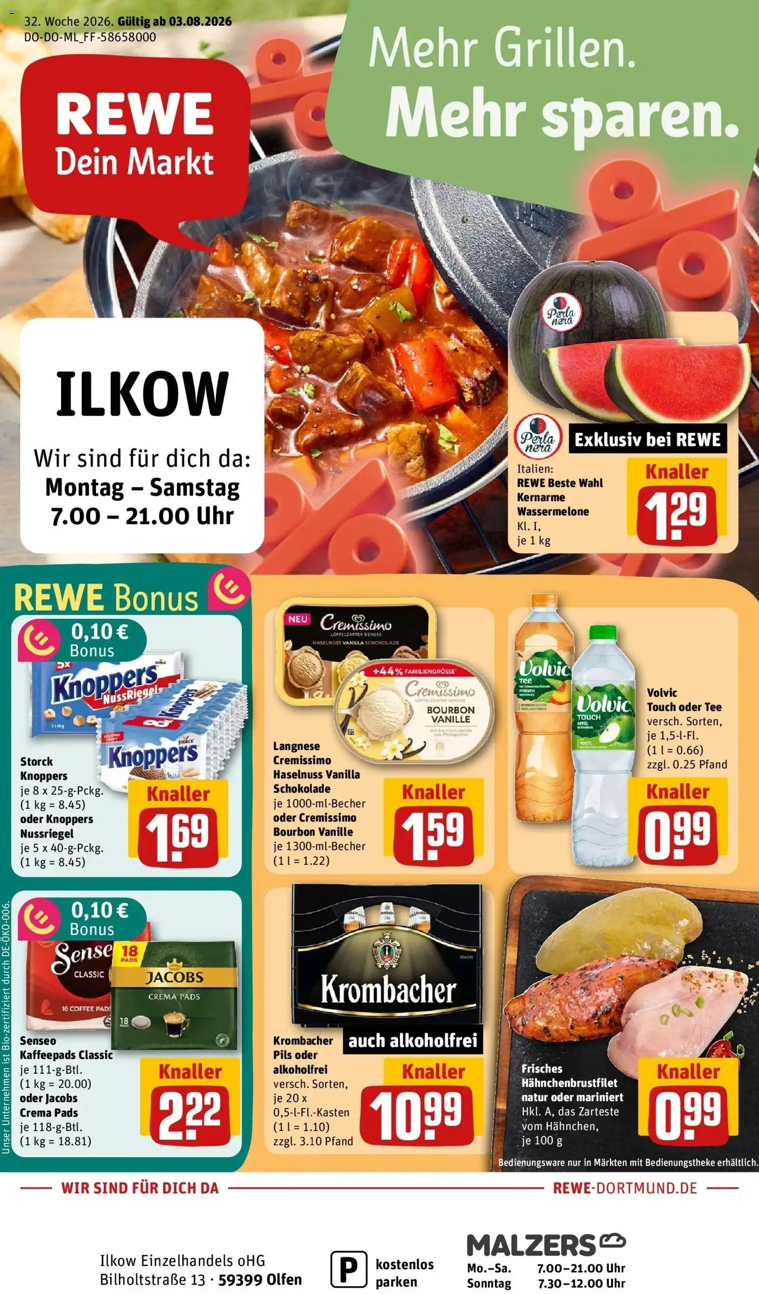 REWE Prospekt ab 03.08.2026 zum Blättern » Angebote | Seite: 1 | Produkte: Senseo, Schokolade, Pfirsich, Bourbon