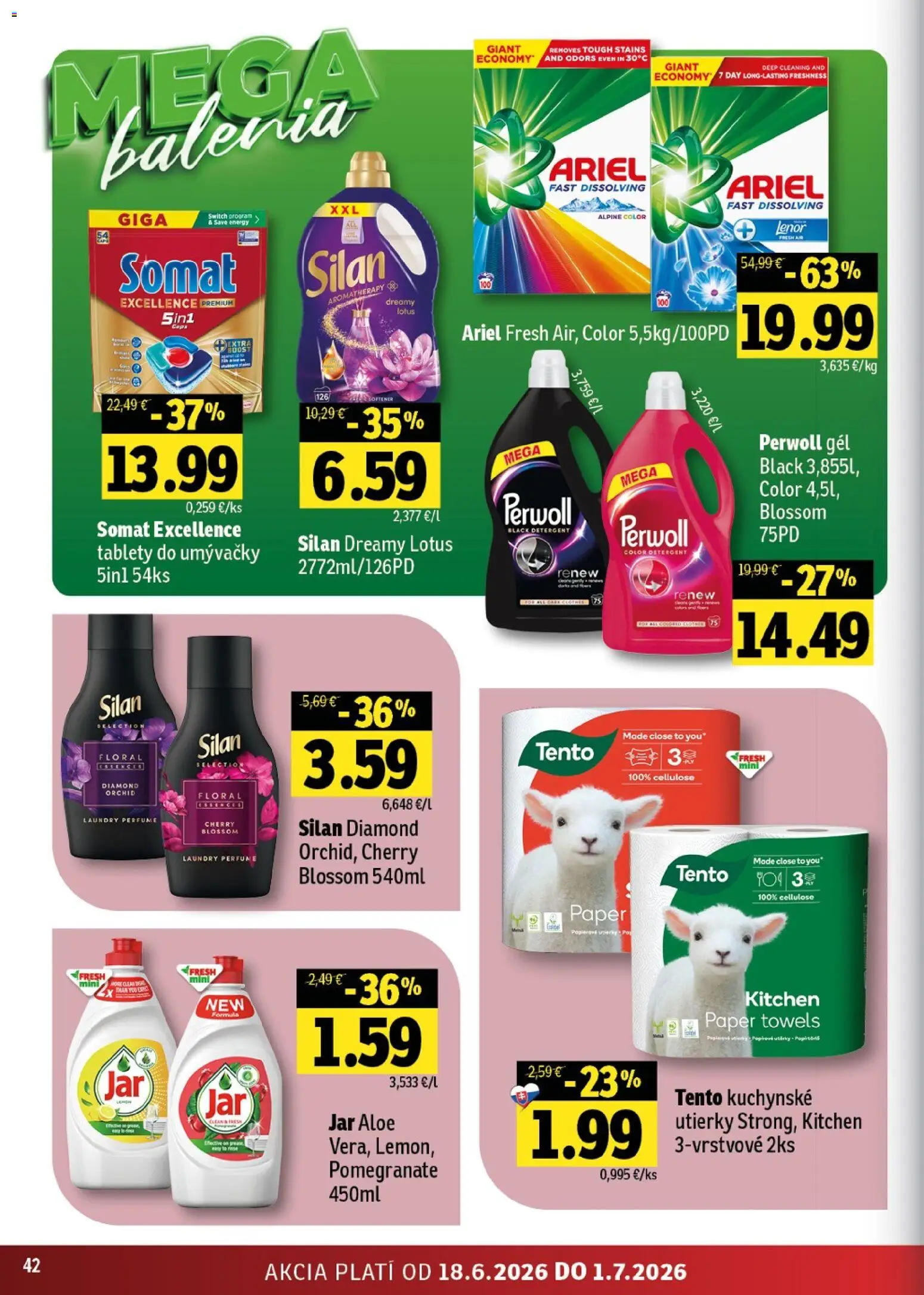 Nové Fresh akcie – leták je platný od 18.06.2026 | Strana: 42 | Produkty: Perwoll, Silan, Ariel, Lenor