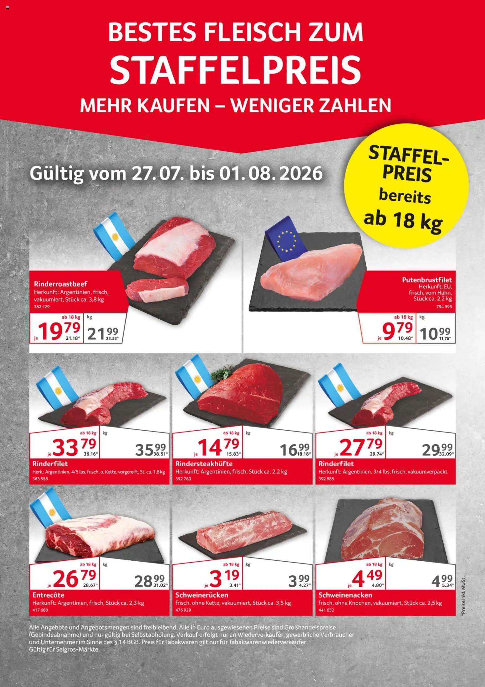 Selgros Fleisch zum Staffelpreis – gültig ab 27.07.2026 | Seite: 1 | Produkte: Rinderfilet, Entrecote, Schweinerucken, Fleisch