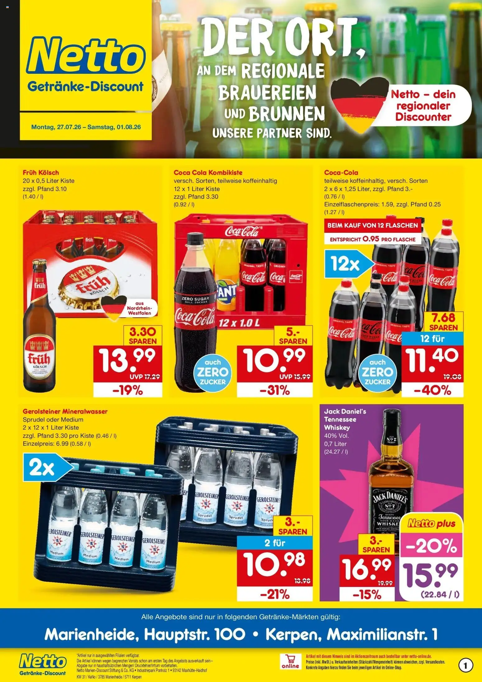 Netto Marken-Discount Prospekt Marienheide – gültig ab 27.07.2026 | Seite: 1 | Produkte: Coca cola, Mineralwasser, Zucker, Whiskey
