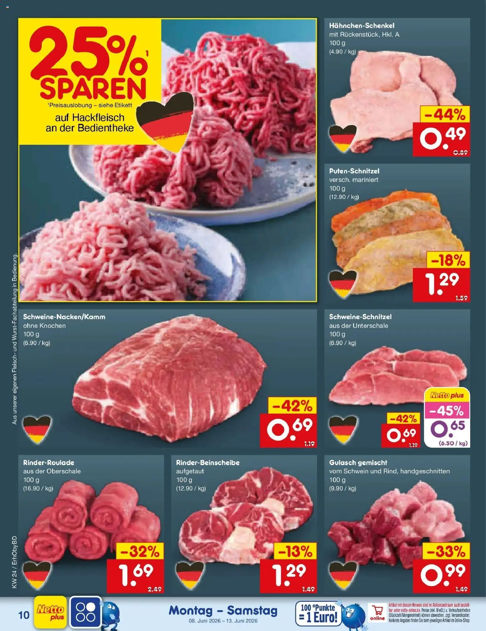 Netto Marken-Discount Prospekt Velden – gültig ab 08.06.2026 | Seite: 16 | Produkte: Hahnchenschenkel, Gulasch, Putenschnitzel, Hackfleisch