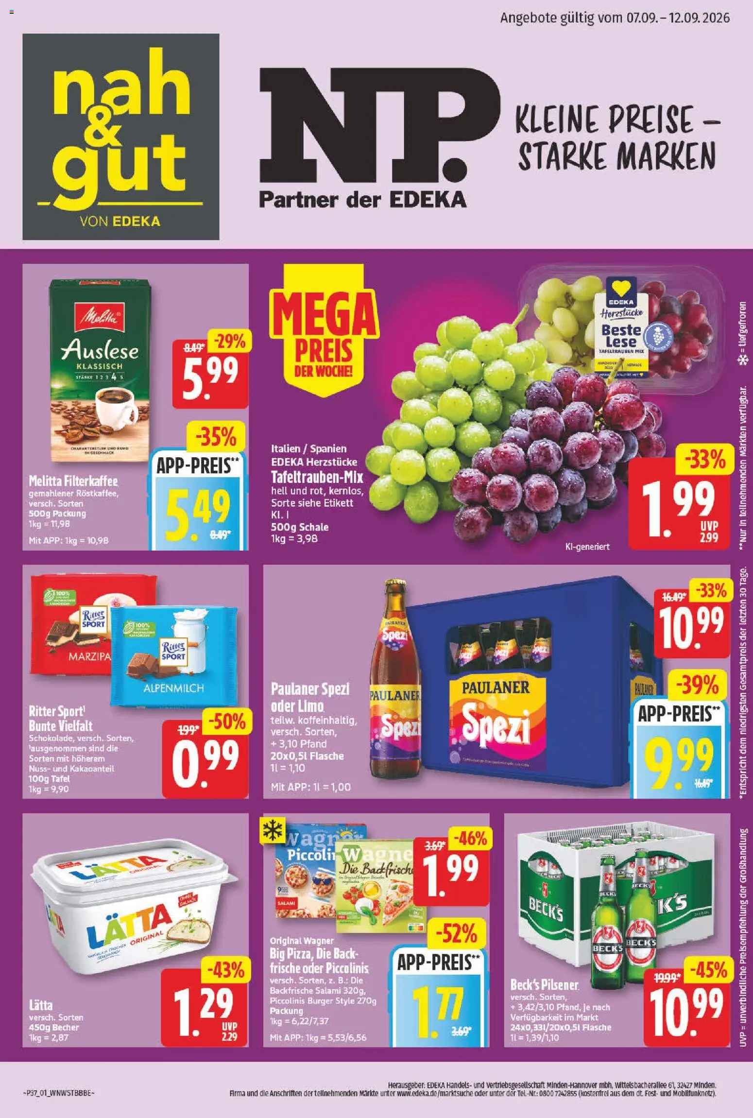 NP Discount Prospekt – gültig ab 07.09.2026 | Seite: 1 | Produkte: Burger, Piccolinis, Salami, Paulaner