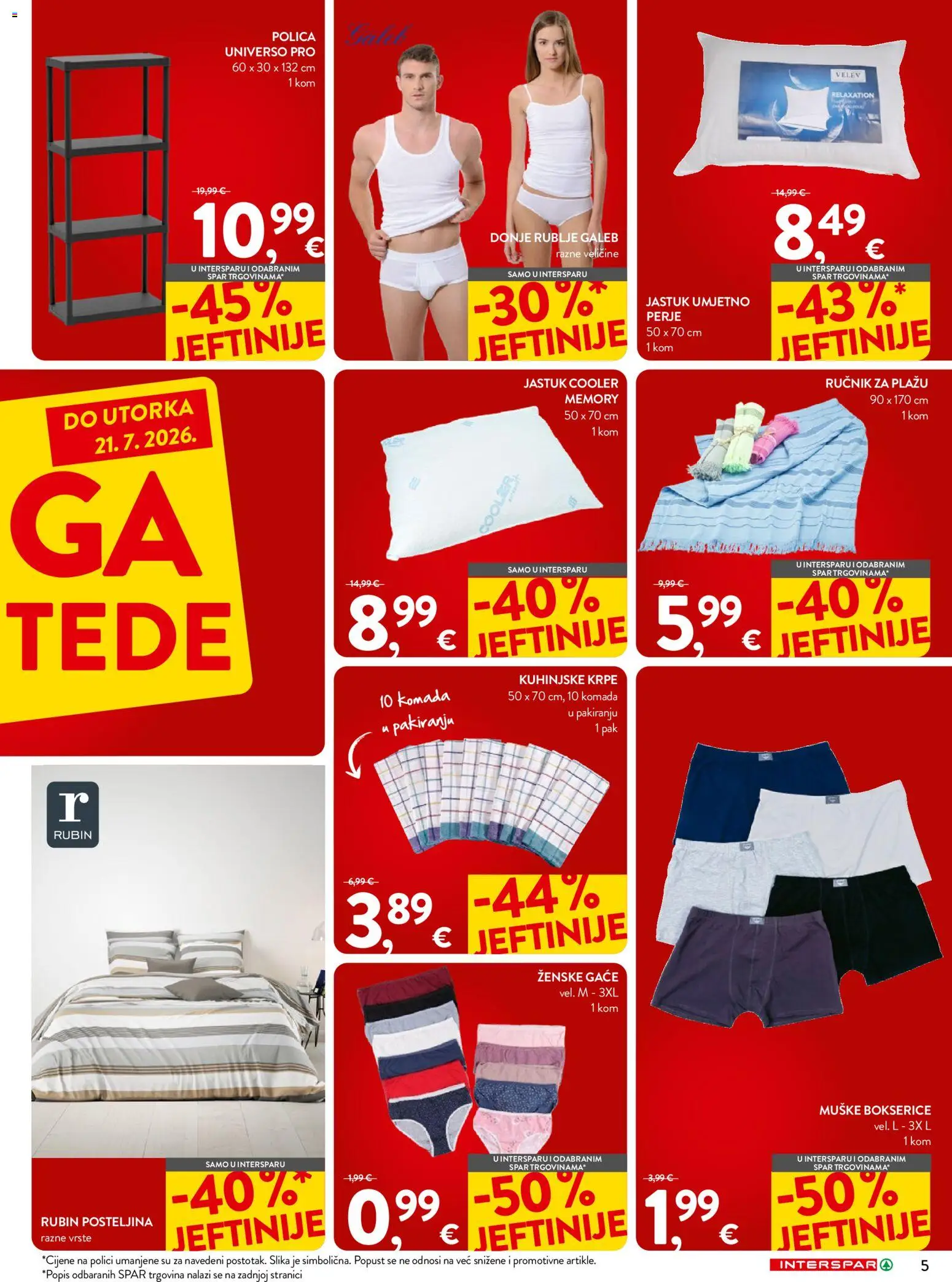 Interspar katalog | vrijedi od 08.07.2026 | Stranica: 5 | Proizvodi: Jastuk, Polica, Donje rublje, Posteljina