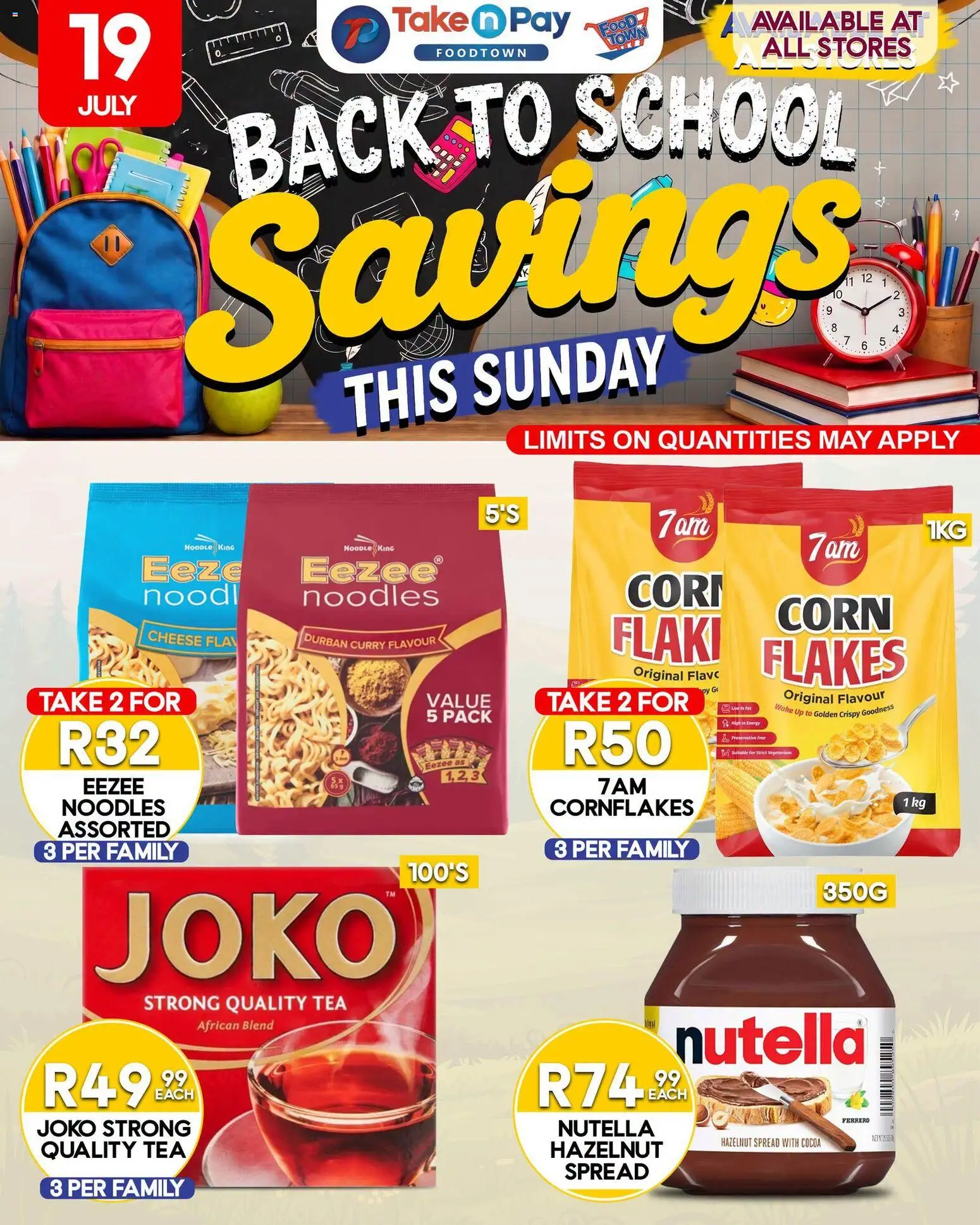 New Take n Pay catalogue – valid from 19/07/2026 | Page: 1 | Products: Corn, Cheese, Tea, Flakes