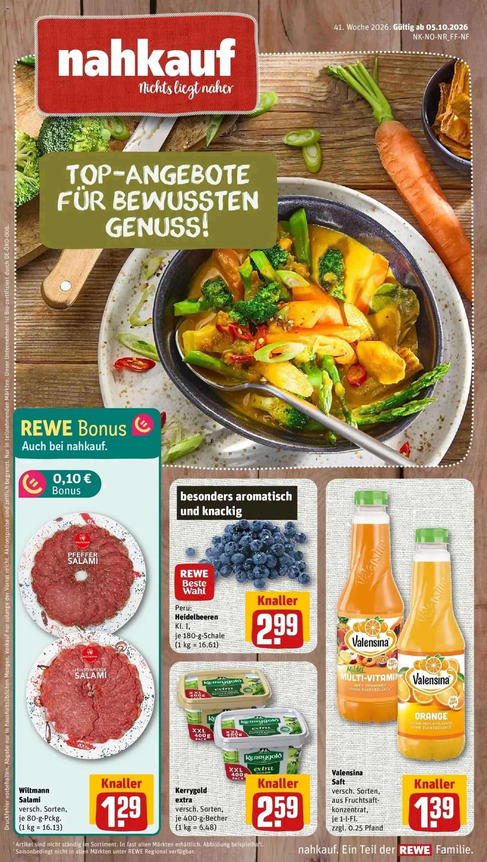 REWE Prospekt ab 05.10.2026 zum Blättern » Angebote | Seite: 1 | Produkte: Heidelbeeren, Valensina, Salami, Saft