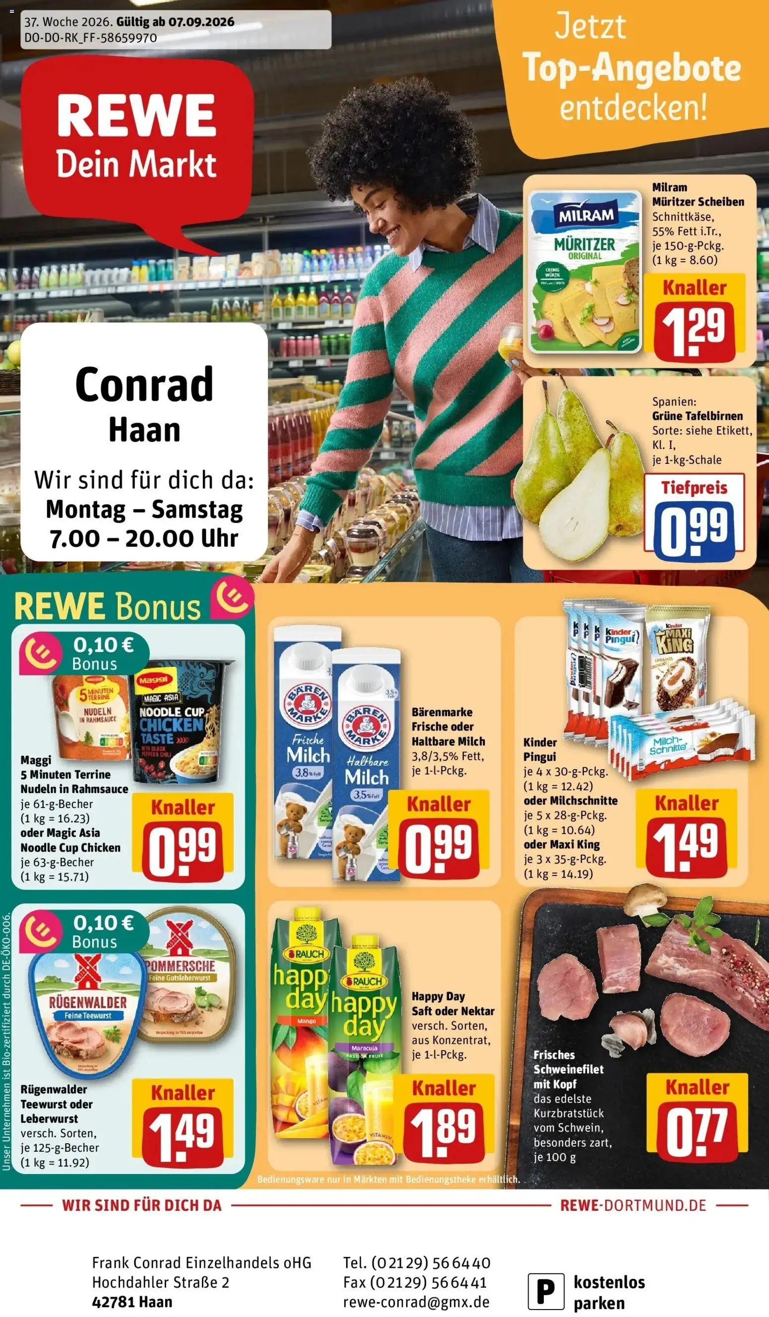 REWE Prospekt ab 07.09.2026 zum Blättern » Angebote | Seite: 1 | Produkte: Maggi, Haltbare milch, Schweinefilet, Nudeln