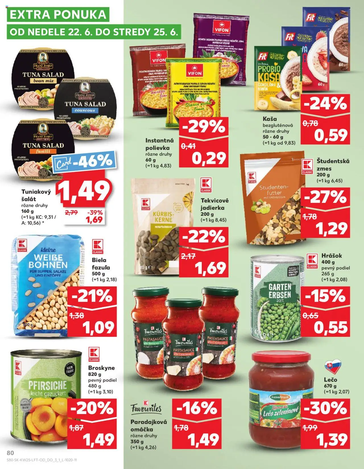 Nové Kaufland akcie – leták je platný od 19.06.2025 | Strana: 80 | Produkty: Hrášok, Šalát, Omáčka, Broskyne