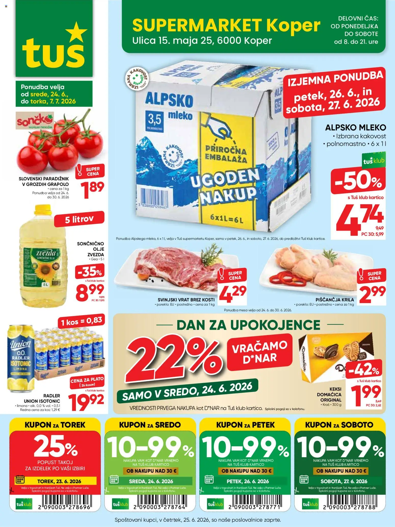 Novi Tuš katalog ponudbe – veljaven od 24.06.2026 | Stran: 21 | Izdelki: Keksi, Mleko, Olje, Paradiznik