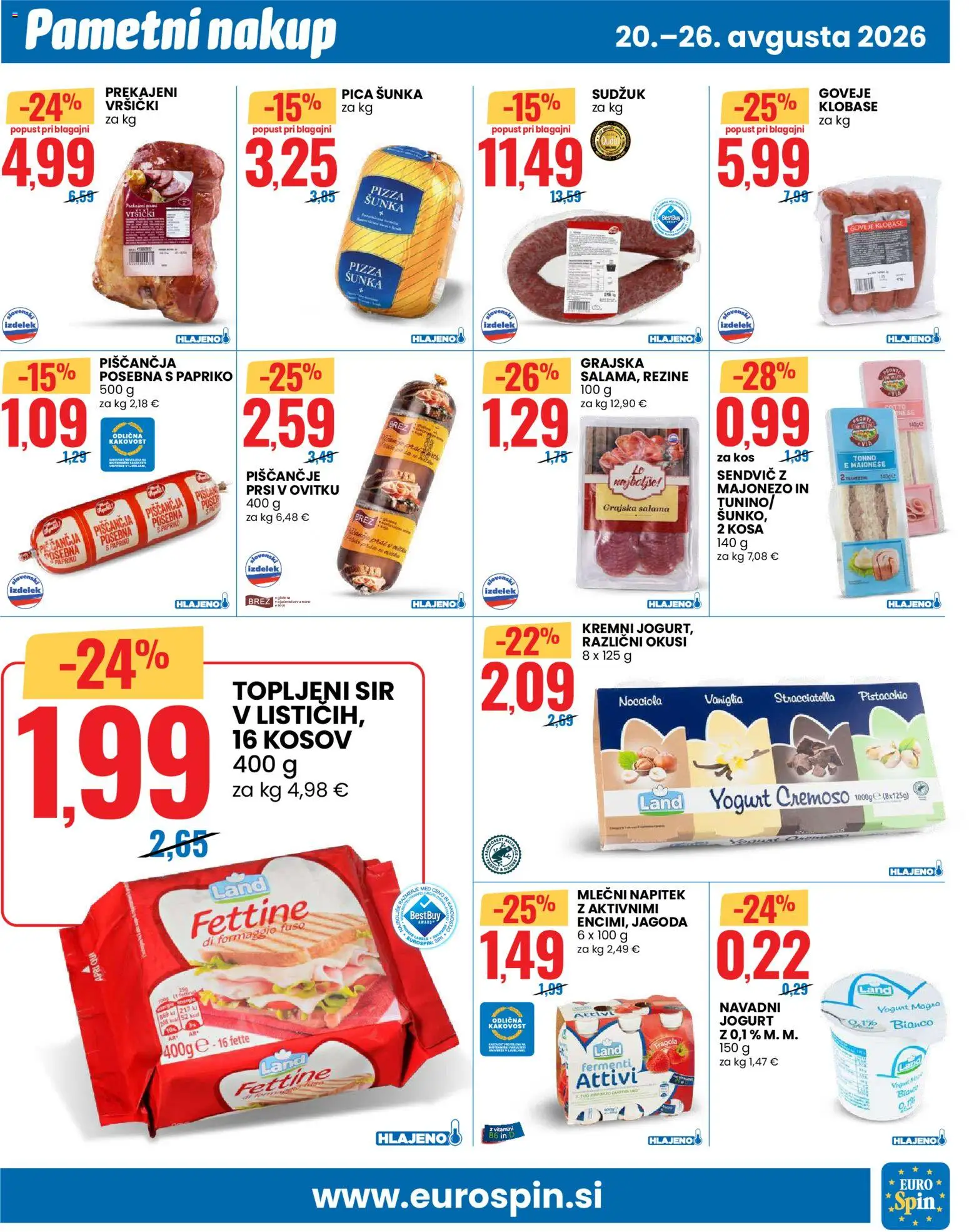 Novi Eurospin katalog ponudbe – veljaven od 20.08.2026 | Stran: 7 | Izdelki: Prsi v ovitku, Sir, Salama, Pica