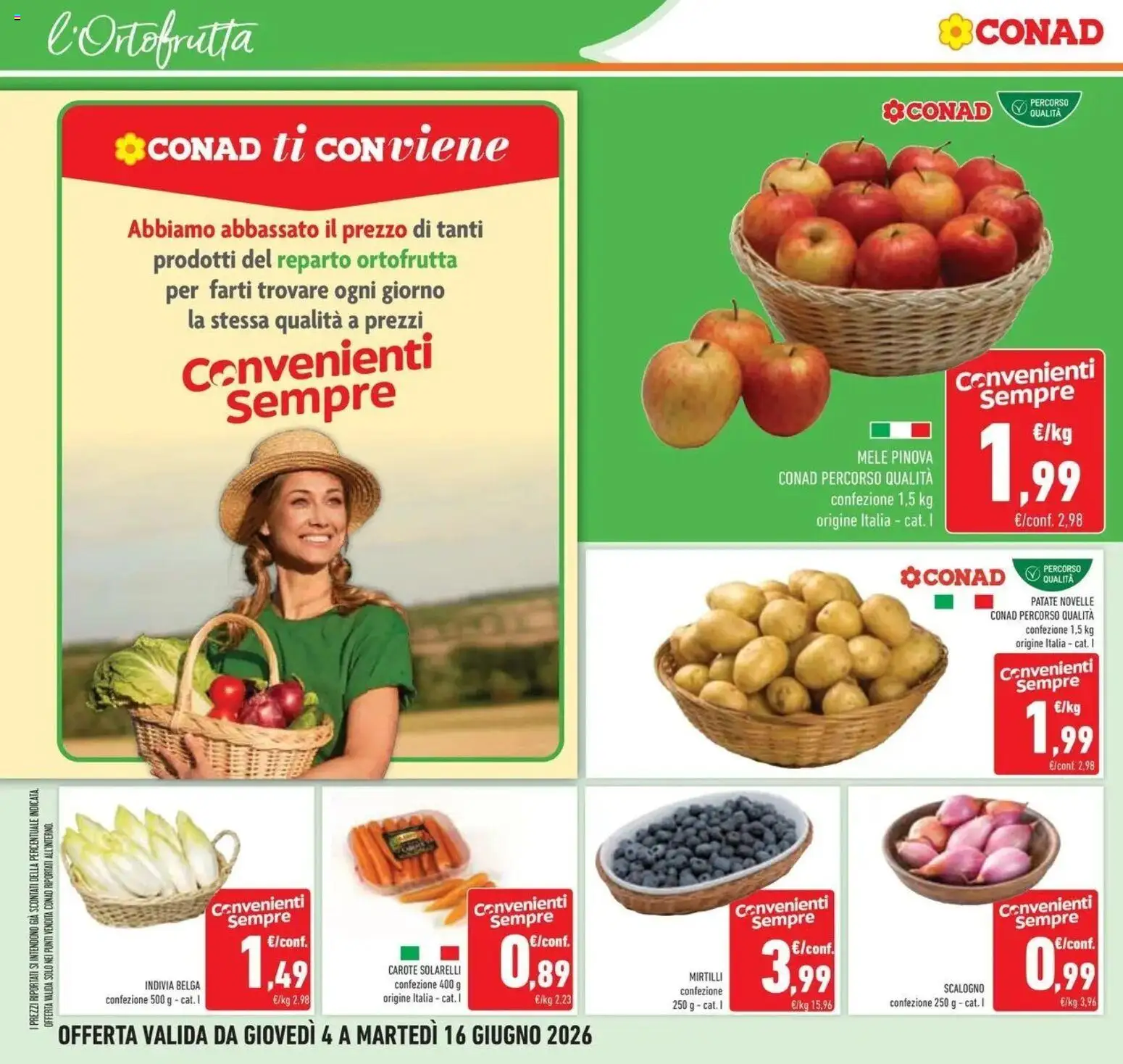 Volantino Conad del 03.06.2026 | Pagina: 16 | Prodotti: Patate, Carote, Mirtilli, Indivia