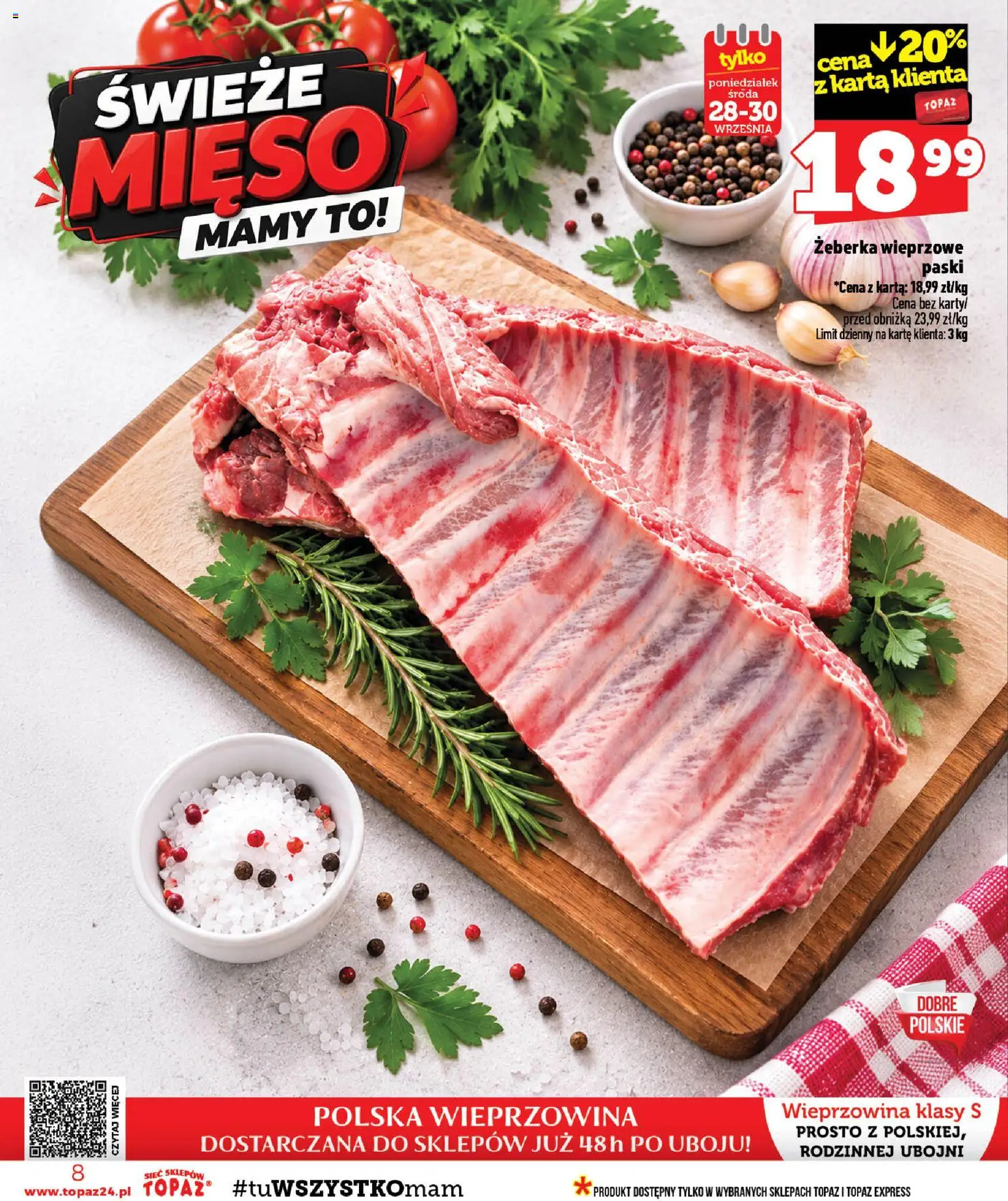 Topaz gazetka od 24.09.2026 | Strona: 8 | Produkty: Karta, Żeberka, Żeberka wieprzowe, Wieprzowina