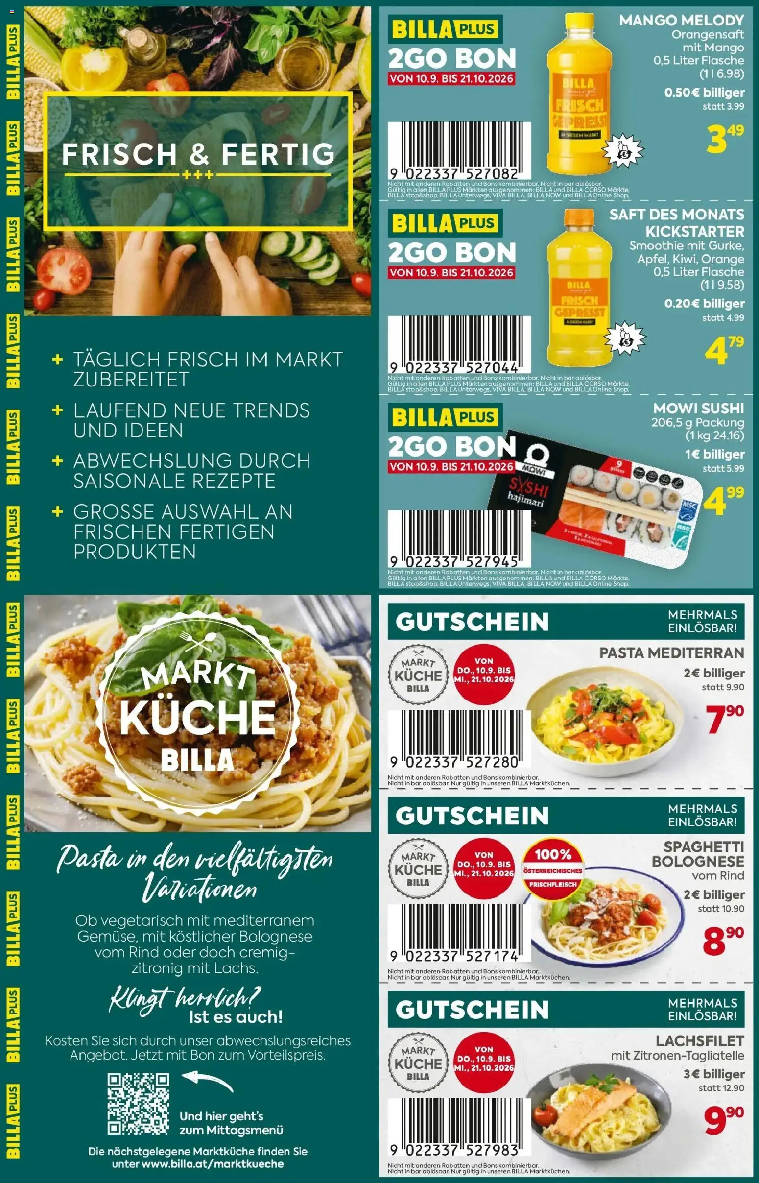 Billa Flugblatt - 2GO Bons gültig ab 10.09.2026 | Seite: 4 | Produkte: Pasta, Mango, Spaghetti, Saft